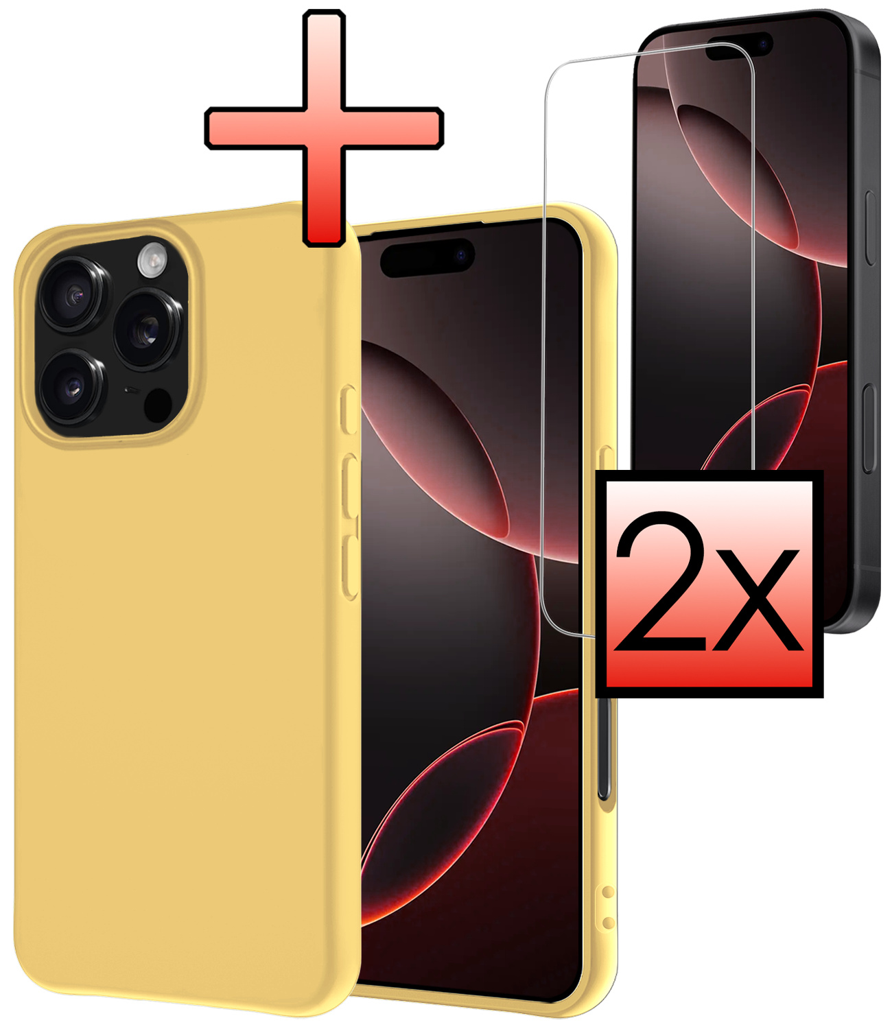 NoXx Hoes Geschikt voor iPhone 16 Pro Hoesje Cover Siliconen Back Case Hoes Met 2x Screenprotector - Geel