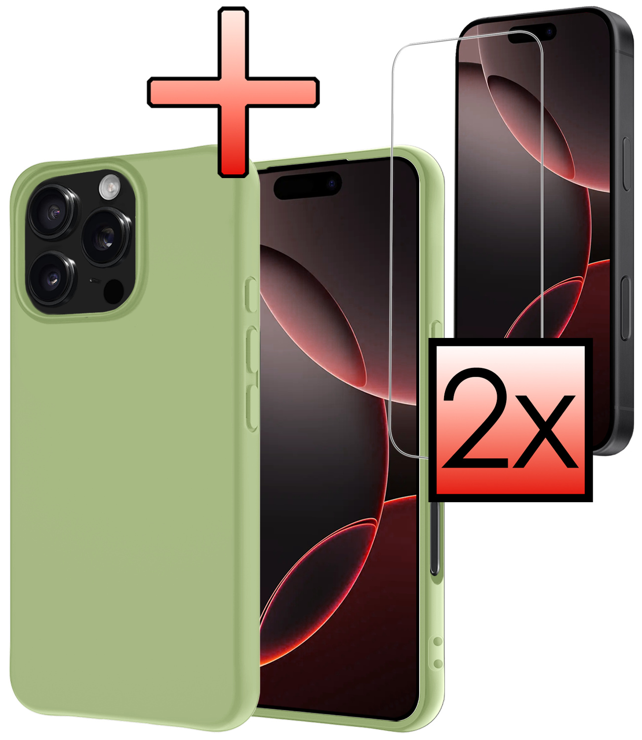 NoXx Hoes Geschikt voor iPhone 16 Pro Hoesje Cover Siliconen Back Case Hoes Met 2x Screenprotector - Groen