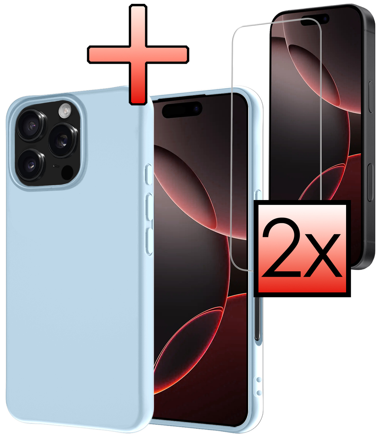 NoXx Hoes Geschikt voor iPhone 16 Pro Hoesje Cover Siliconen Back Case Hoes Met 2x Screenprotector - Lichtblauw