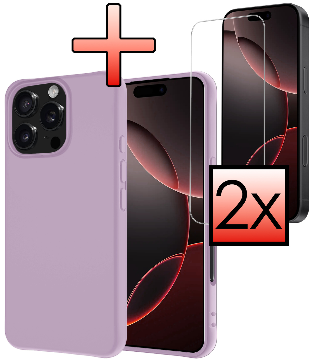 NoXx Hoes Geschikt voor iPhone 16 Pro Hoesje Cover Siliconen Back Case Hoes Met 2x Screenprotector - Lila