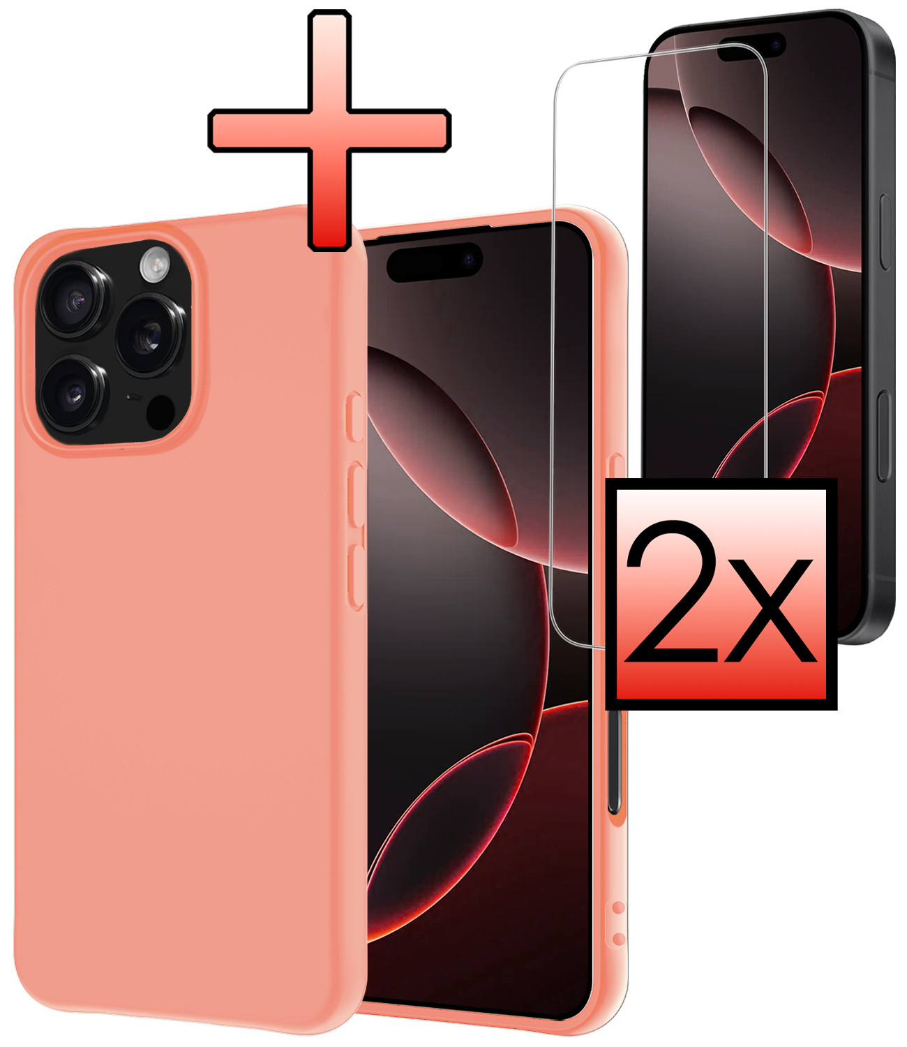 NoXx Hoes Geschikt voor iPhone 16 Pro Hoesje Cover Siliconen Back Case Hoes Met 2x Screenprotector - Perzik