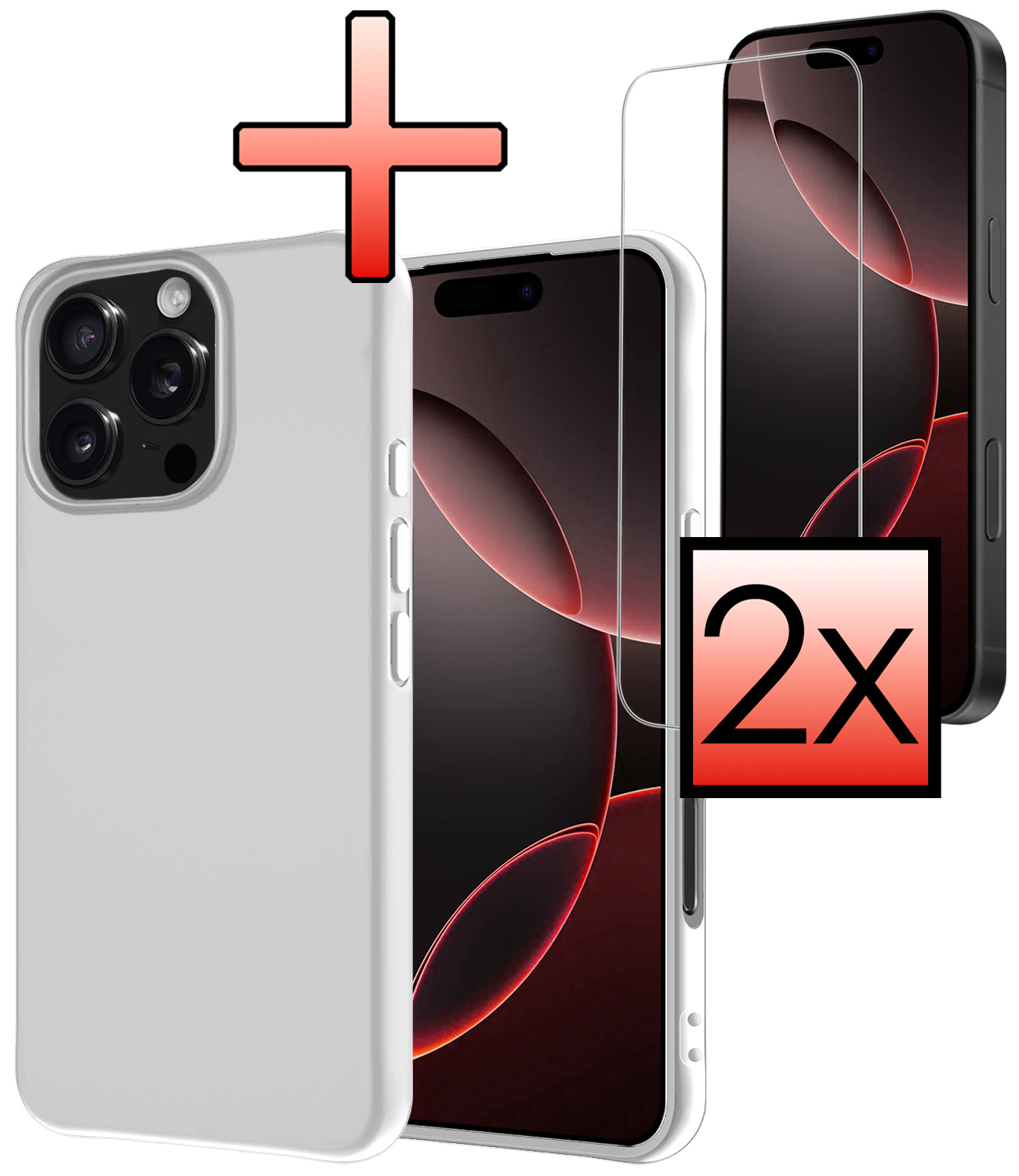 NoXx Hoes Geschikt voor iPhone 16 Pro Hoesje Cover Siliconen Back Case Hoes Met 2x Screenprotector - Wit