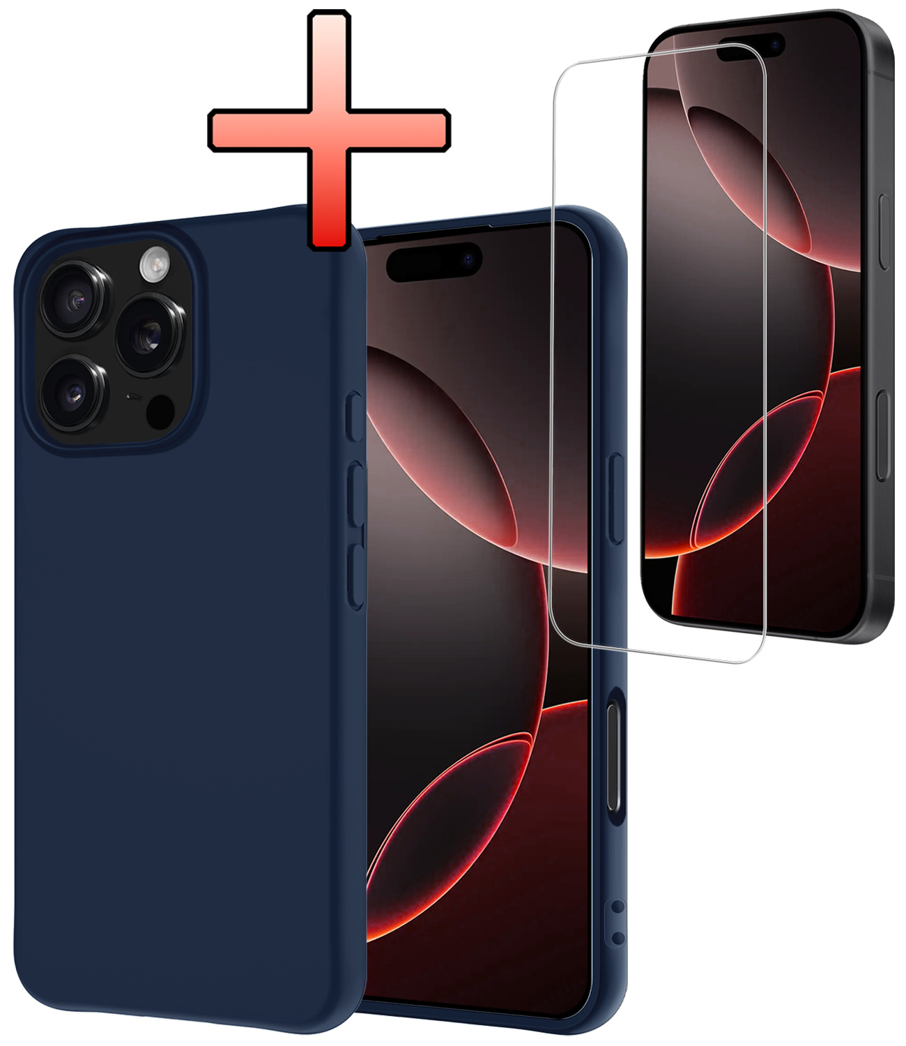 NoXx Hoes Geschikt voor iPhone 16 Pro Max Hoesje Cover Siliconen Back Case Hoes Met Screenprotector - Donkerblauw