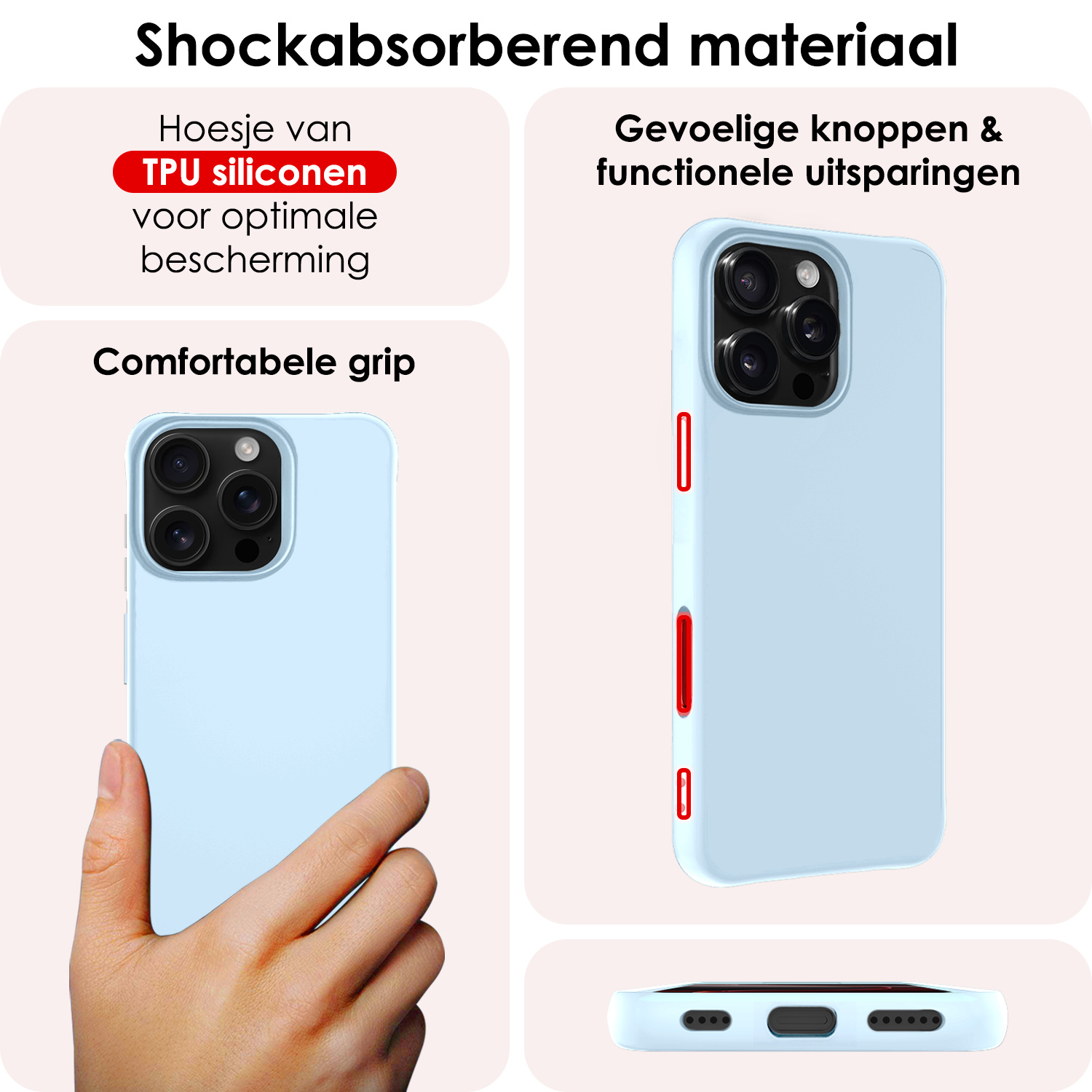 NoXx Hoes Geschikt voor iPhone 16 Pro Max Hoesje Cover Siliconen Back Case Hoes Met 2x Screenprotector - Lichtblauw