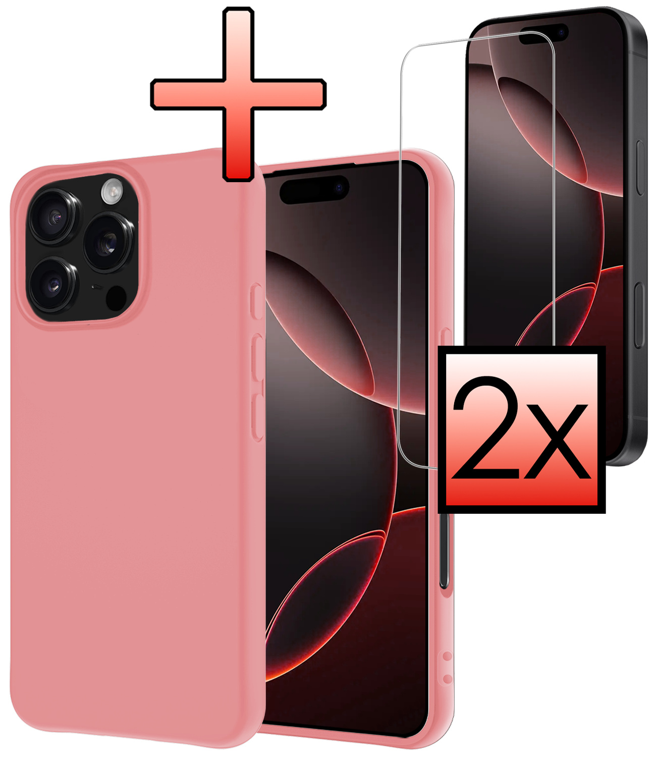 NoXx Hoes Geschikt voor iPhone 16 Pro Max Hoesje Cover Siliconen Back Case Hoes Met 2x Screenprotector - Lichtroze