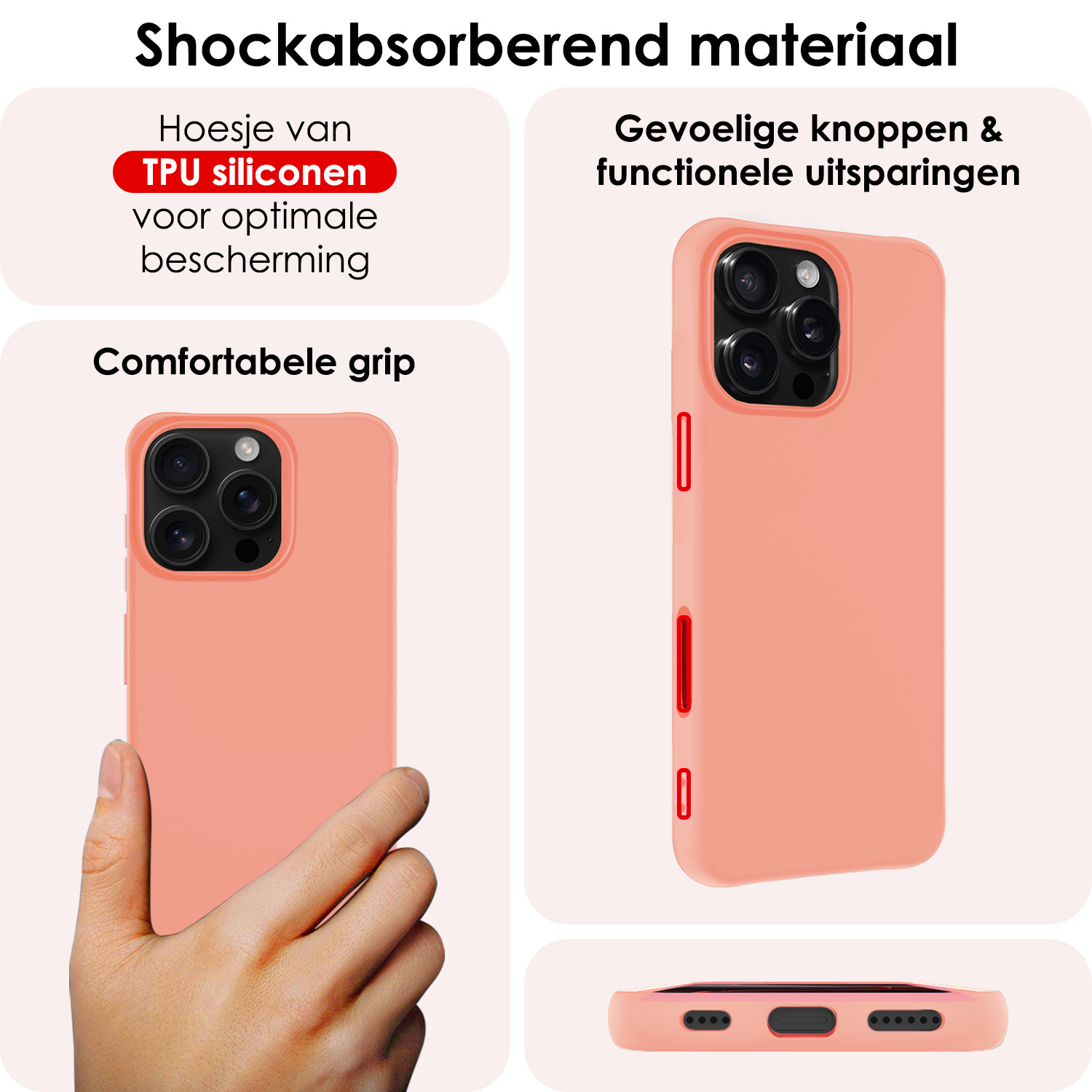 NoXx Hoes Geschikt voor iPhone 16 Pro Max Hoesje Cover Siliconen Back Case Hoes Met 2x Screenprotector - Perzik