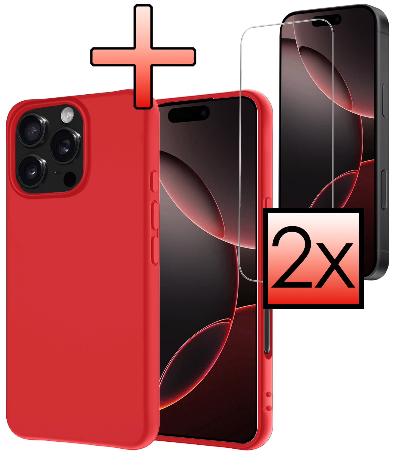 NoXx Hoes Geschikt voor iPhone 16 Pro Max Hoesje Cover Siliconen Back Case Hoes Met 2x Screenprotector - Rood
