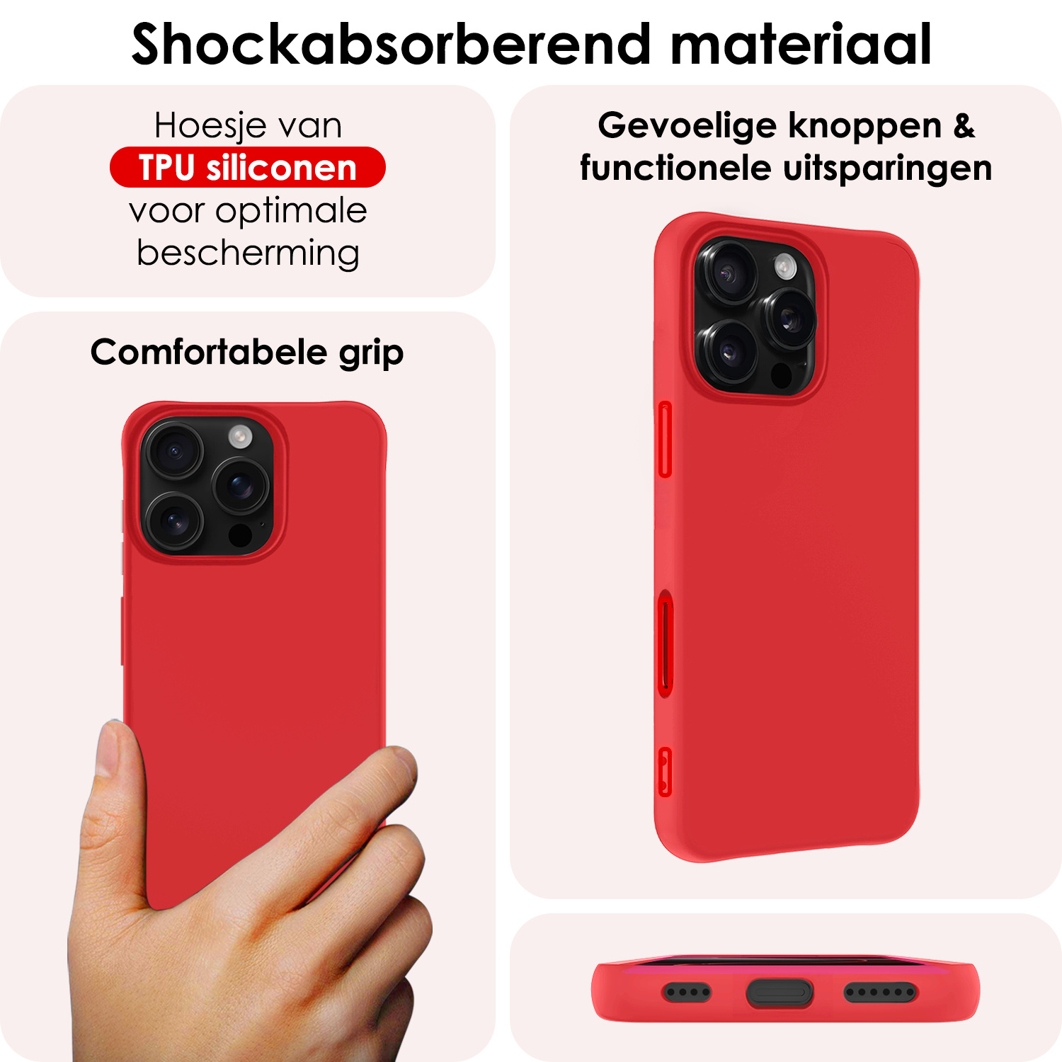 NoXx Hoes Geschikt voor iPhone 16 Pro Max Hoesje Cover Siliconen Back Case Hoes Met 2x Screenprotector - Rood
