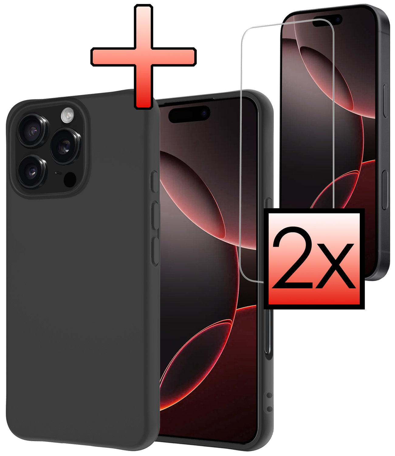 NoXx Hoes Geschikt voor iPhone 16 Pro Max Hoesje Cover Siliconen Back Case Hoes Met 2x Screenprotector - Zwart