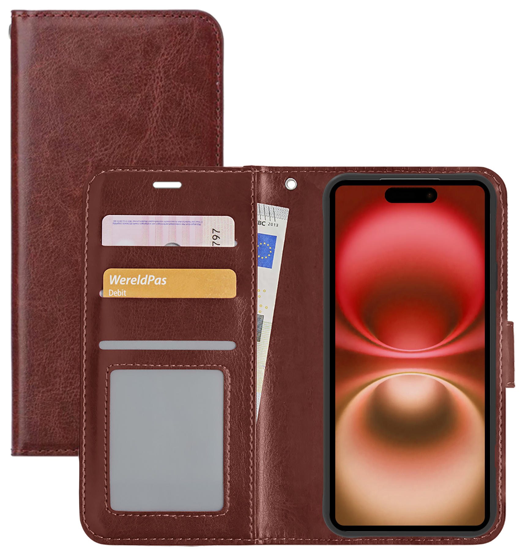 NoXx Hoes Geschikt voor iPhone 16 Hoesje Book Case Hoes Flip Cover Wallet Bookcase - Bruin