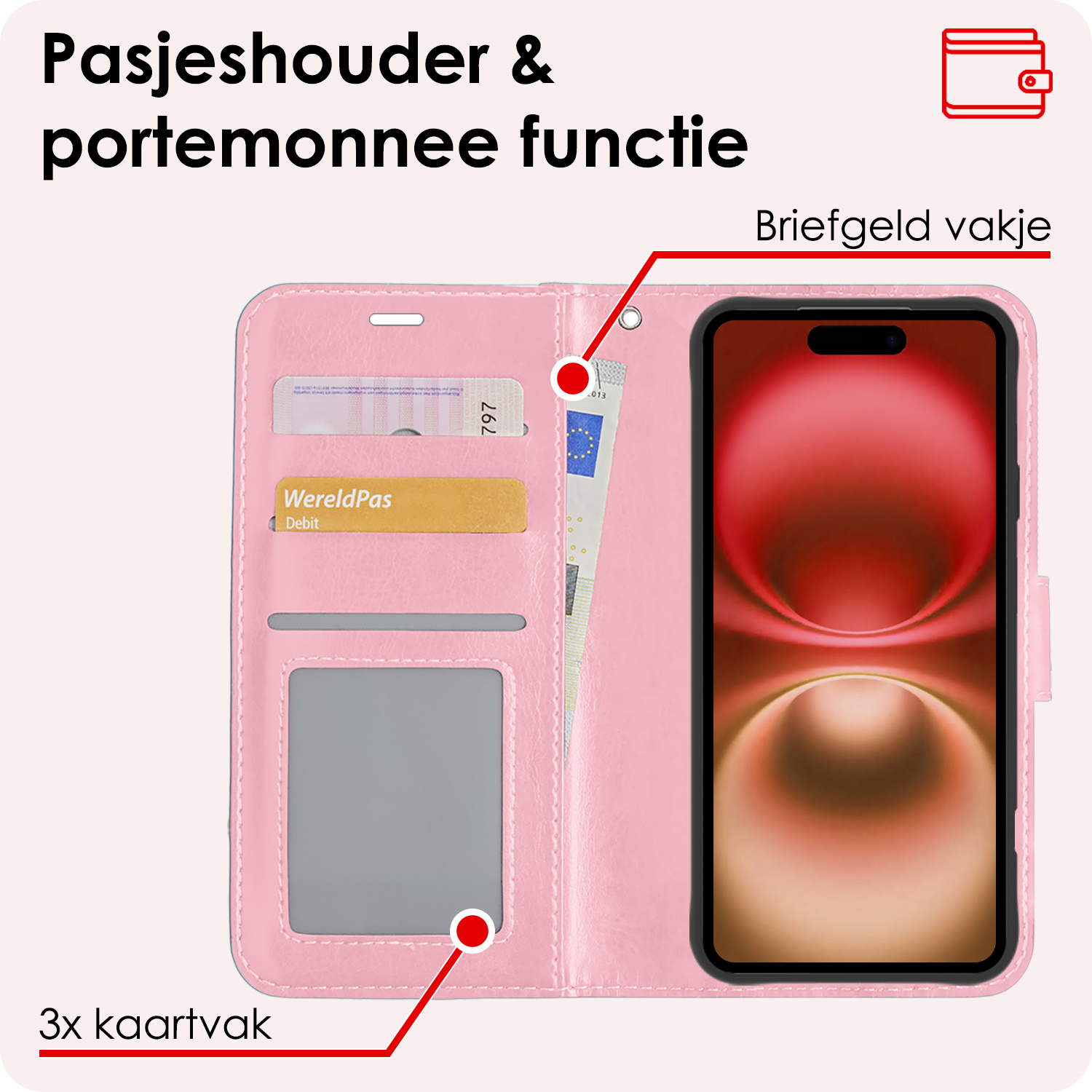 NoXx Hoes Geschikt voor iPhone 16 Hoesje Book Case Hoes Flip Cover Wallet Bookcase - Lichtroze