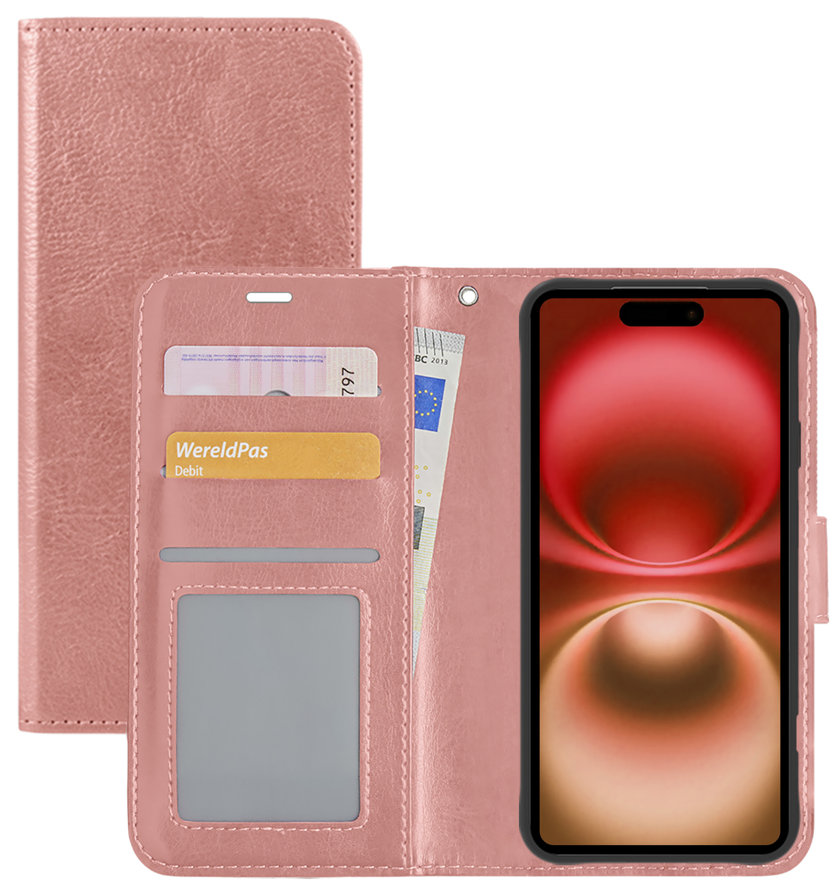 NoXx Hoes Geschikt voor iPhone 16 Hoesje Book Case Hoes Flip Cover Wallet Bookcase - Rosé goud