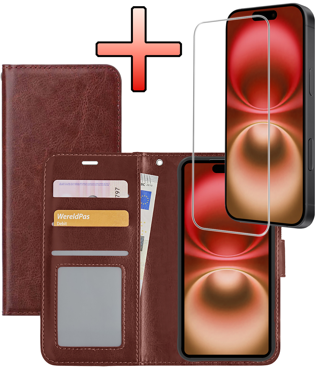 NoXx Hoes Geschikt voor iPhone 16 Hoesje Book Case Hoes Flip Cover Wallet Bookcase Met Screenprotector - Bruin