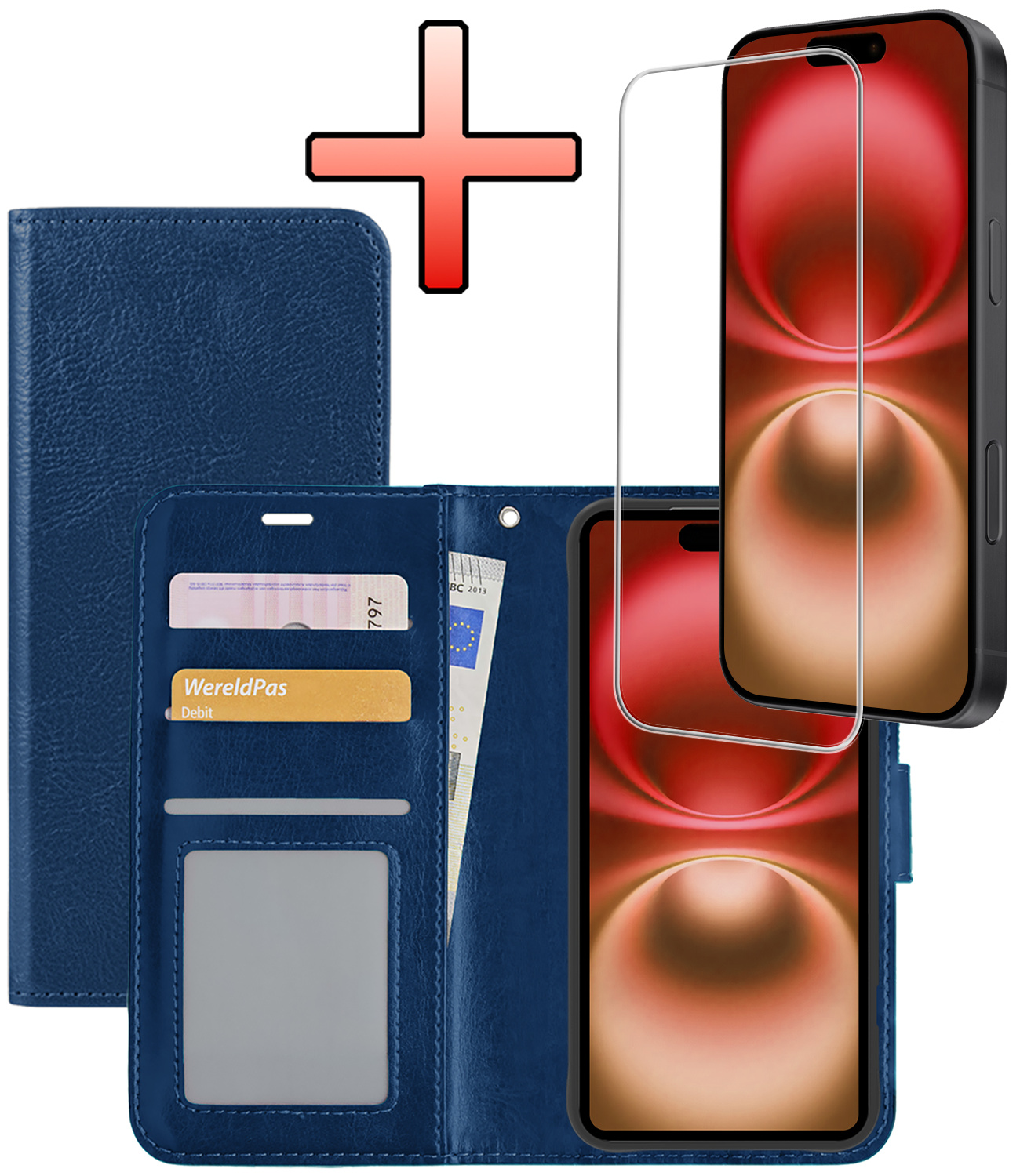 NoXx Hoes Geschikt voor iPhone 16 Hoesje Book Case Hoes Flip Cover Wallet Bookcase Met Screenprotector - Donkerblauw