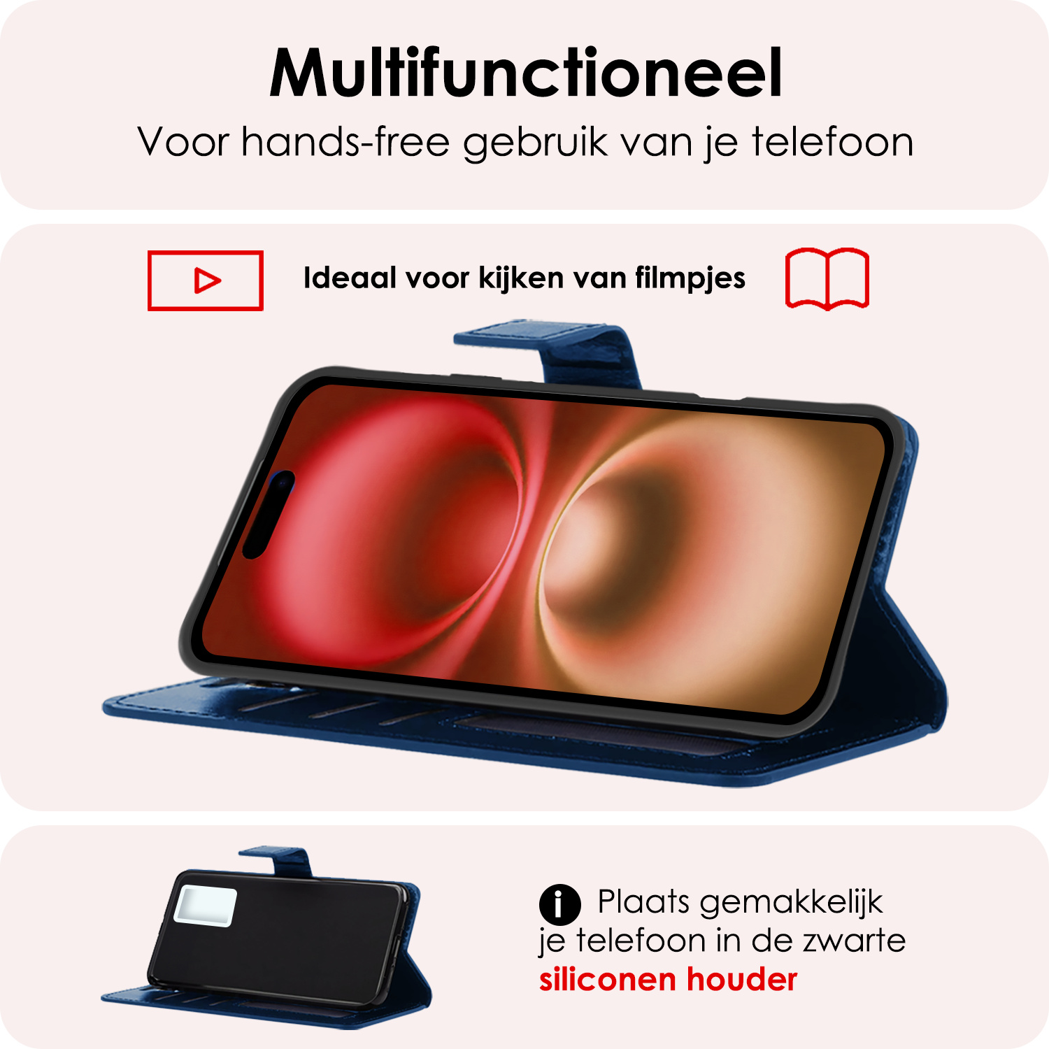 NoXx Hoes Geschikt voor iPhone 16 Hoesje Book Case Hoes Flip Cover Wallet Bookcase Met Screenprotector - Donkerblauw