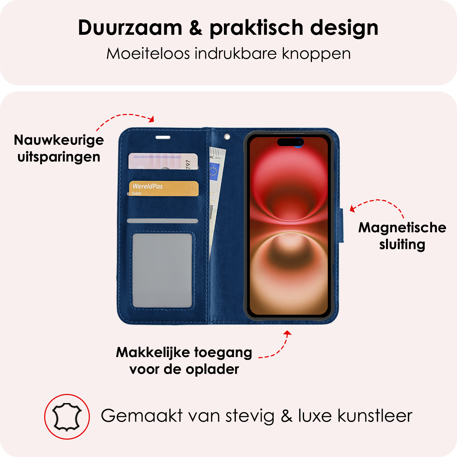 NoXx Hoes Geschikt voor iPhone 16 Hoesje Book Case Hoes Flip Cover Wallet Bookcase Met Screenprotector - Donkerblauw