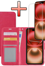 NoXx Hoes Geschikt voor iPhone 16 Hoesje Book Case Hoes Flip Cover Wallet Bookcase Met Screenprotector - Donkerroze