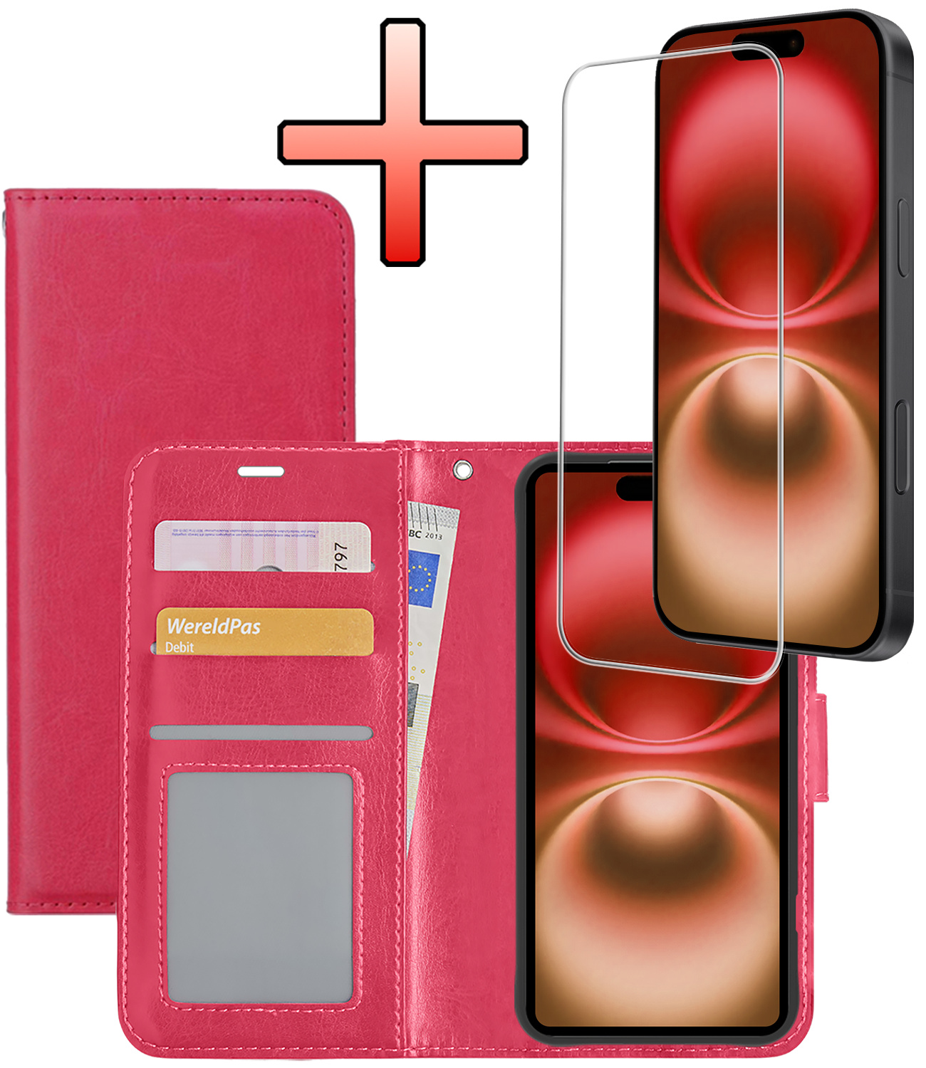 NoXx Hoes Geschikt voor iPhone 16 Hoesje Book Case Hoes Flip Cover Wallet Bookcase Met Screenprotector - Donkerroze