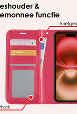 NoXx Hoes Geschikt voor iPhone 16 Hoesje Book Case Hoes Flip Cover Wallet Bookcase Met Screenprotector - Donkerroze