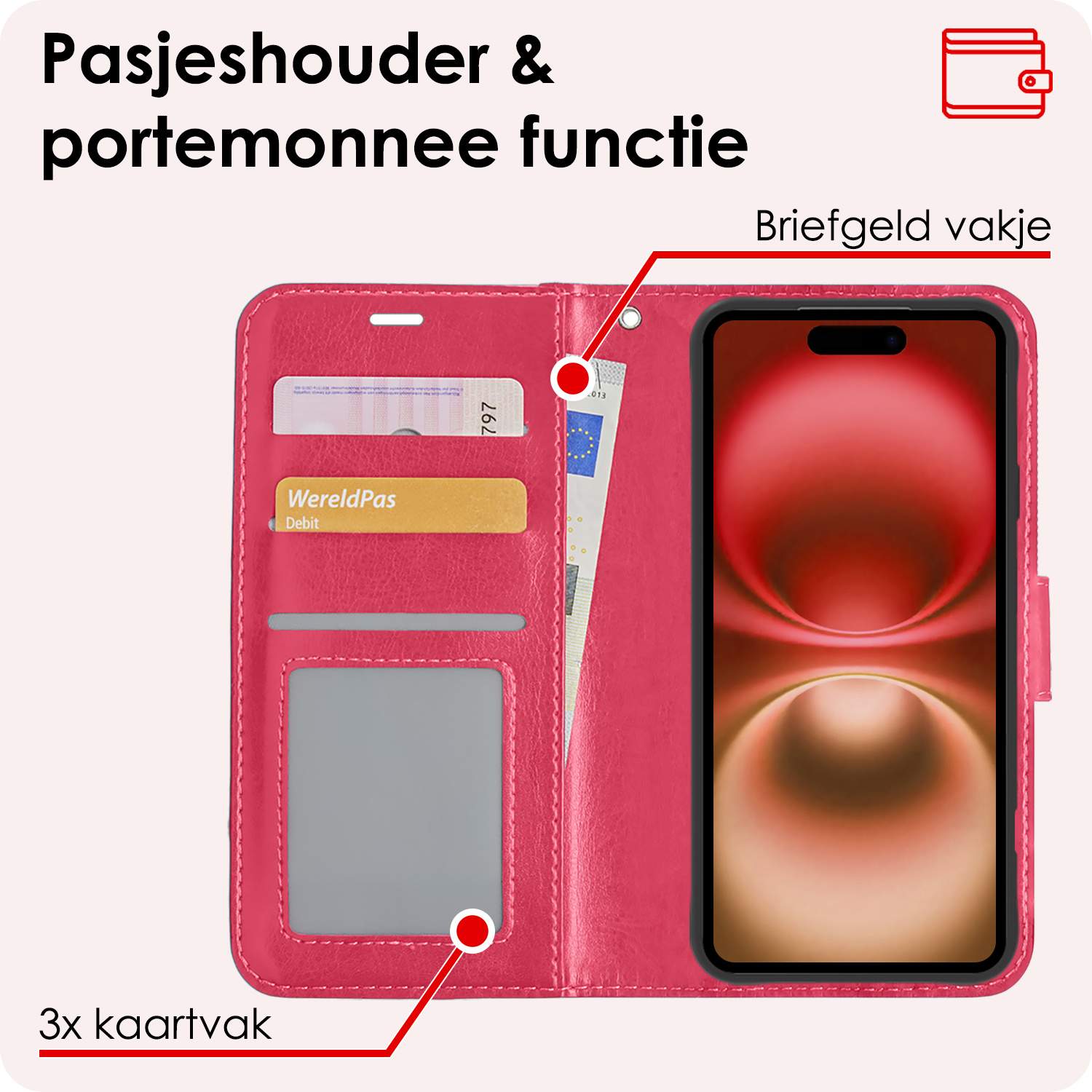 NoXx Hoes Geschikt voor iPhone 16 Hoesje Book Case Hoes Flip Cover Wallet Bookcase Met Screenprotector - Donkerroze