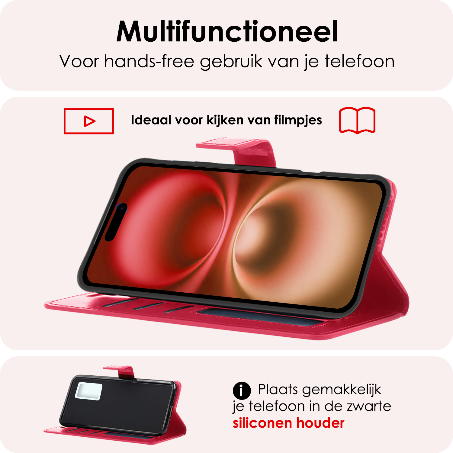 NoXx Hoes Geschikt voor iPhone 16 Hoesje Book Case Hoes Flip Cover Wallet Bookcase Met Screenprotector - Donkerroze