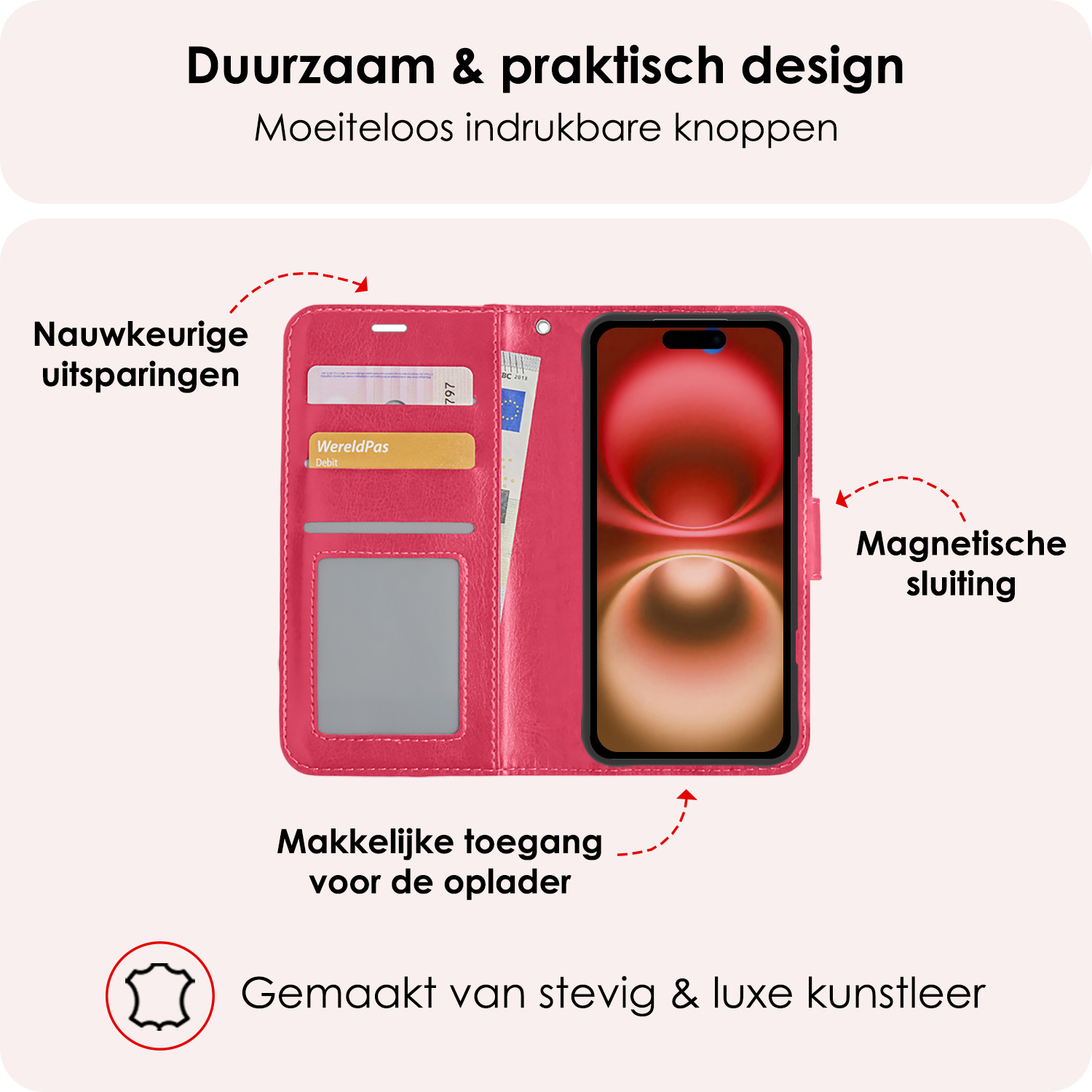 NoXx Hoes Geschikt voor iPhone 16 Hoesje Book Case Hoes Flip Cover Wallet Bookcase Met Screenprotector - Donkerroze