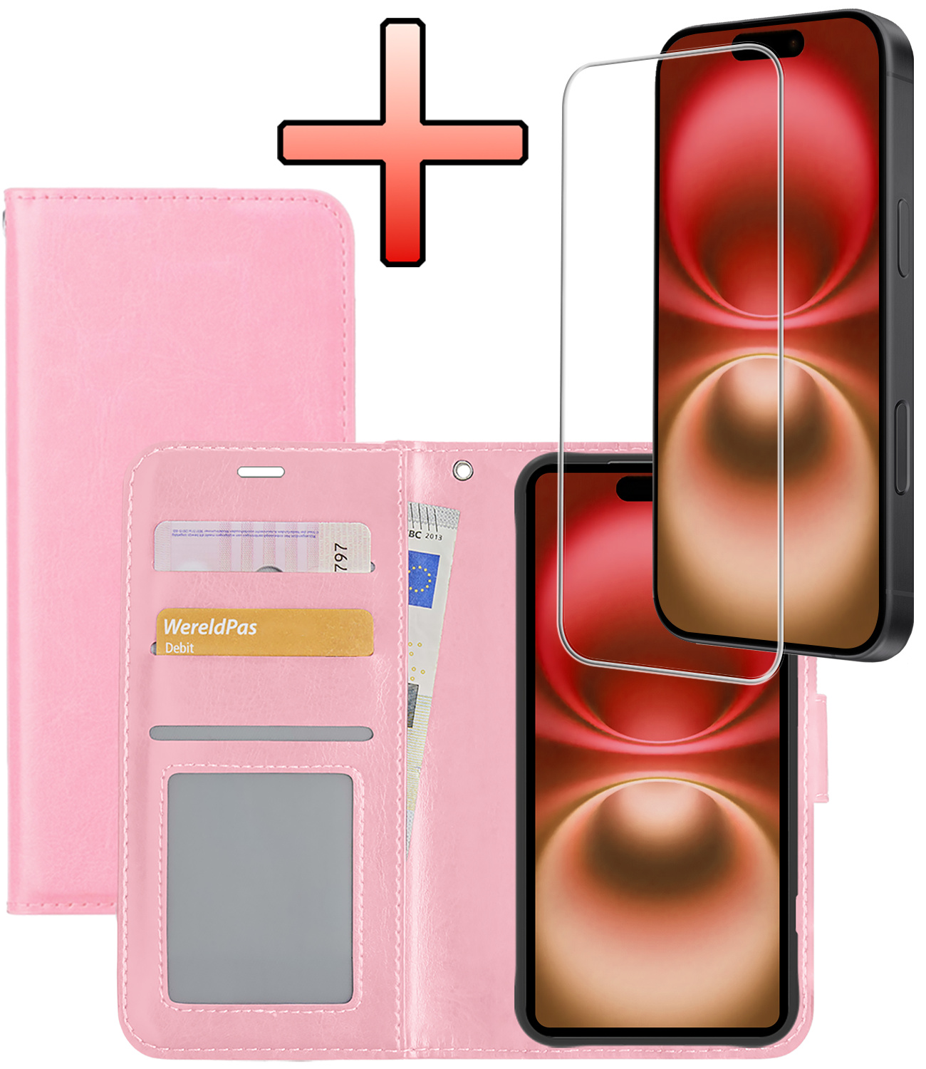 NoXx Hoes Geschikt voor iPhone 16 Hoesje Book Case Hoes Flip Cover Wallet Bookcase Met Screenprotector - Lichtroze