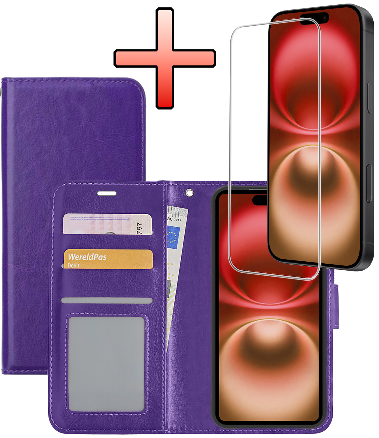 NoXx Hoes Geschikt voor iPhone 16 Hoesje Book Case Hoes Flip Cover Wallet Bookcase Met Screenprotector - Paars