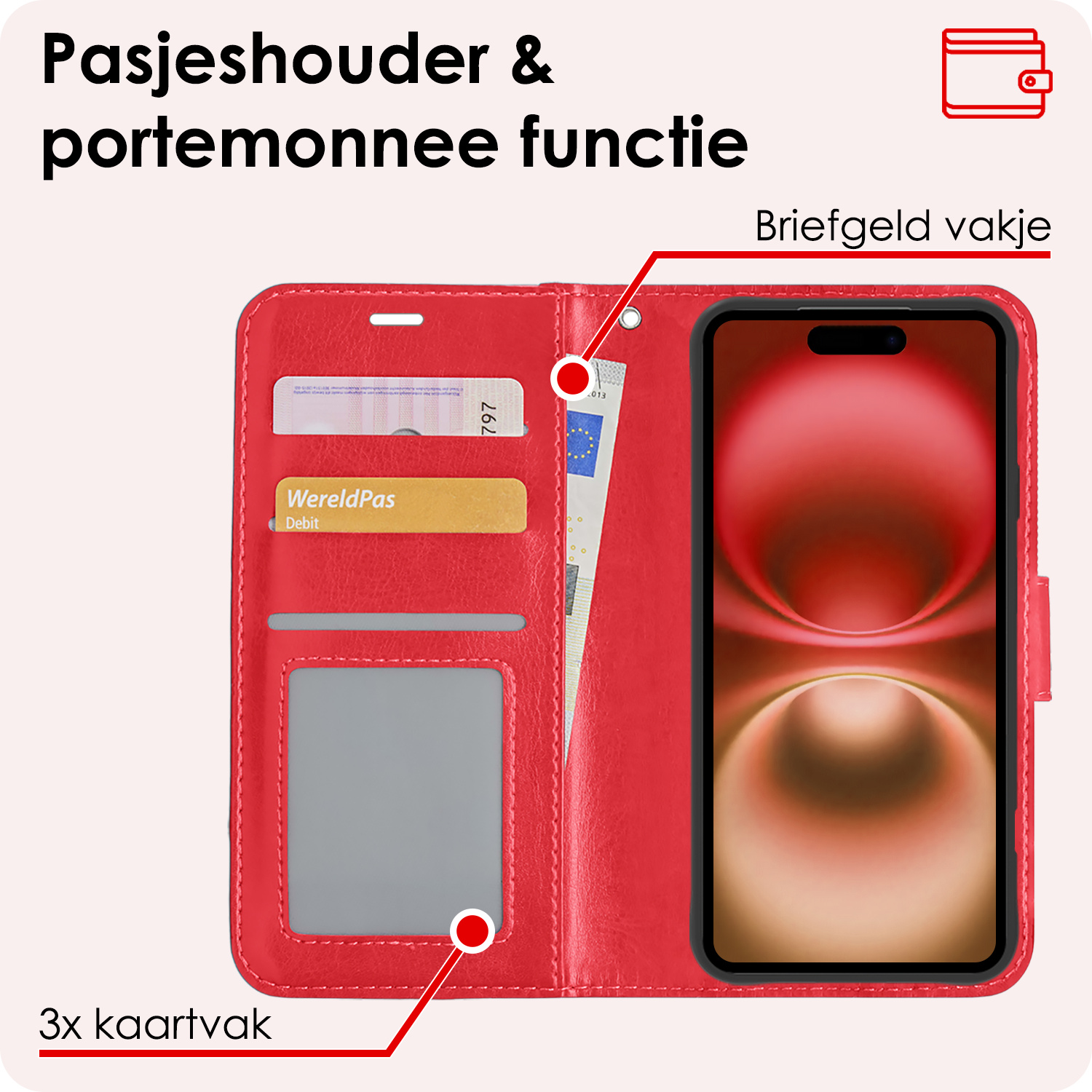 NoXx Hoes Geschikt voor iPhone 16 Hoesje Book Case Hoes Flip Cover Wallet Bookcase Met Screenprotector - Rood