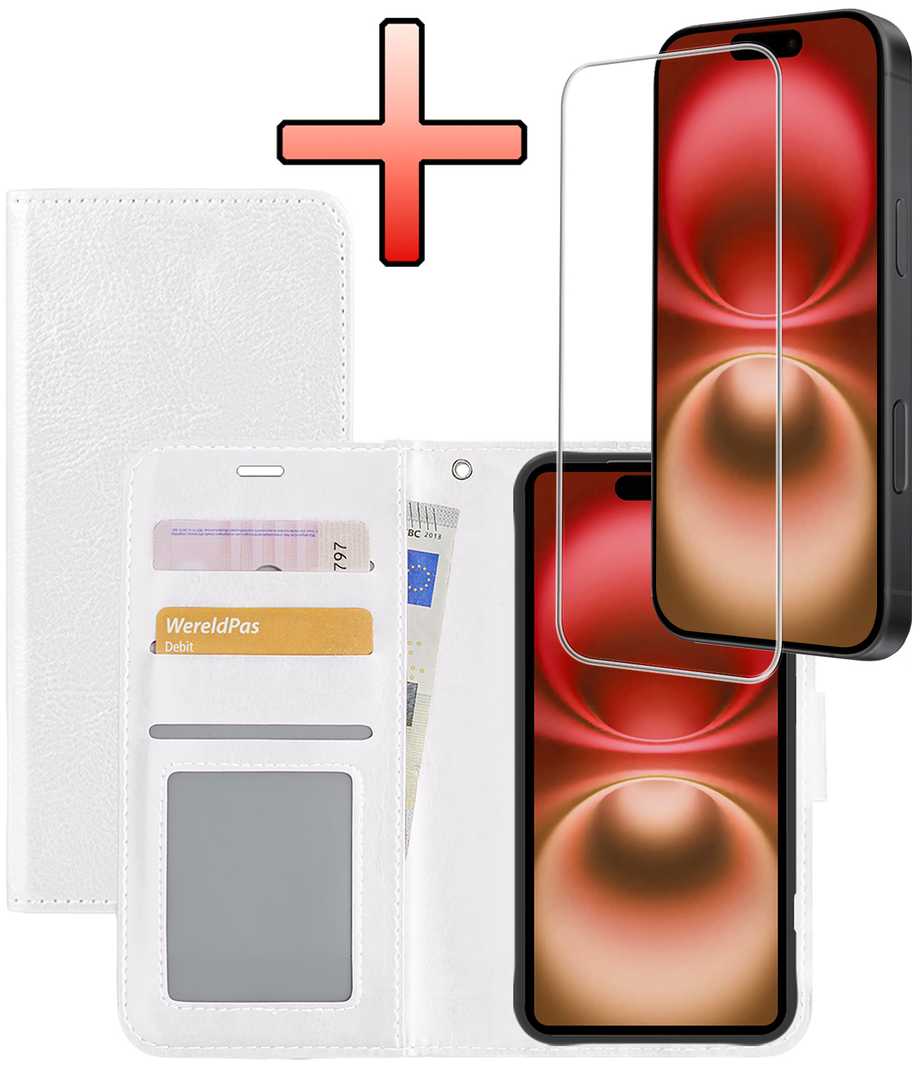 NoXx Hoes Geschikt voor iPhone 16 Hoesje Book Case Hoes Flip Cover Wallet Bookcase Met Screenprotector - Wit