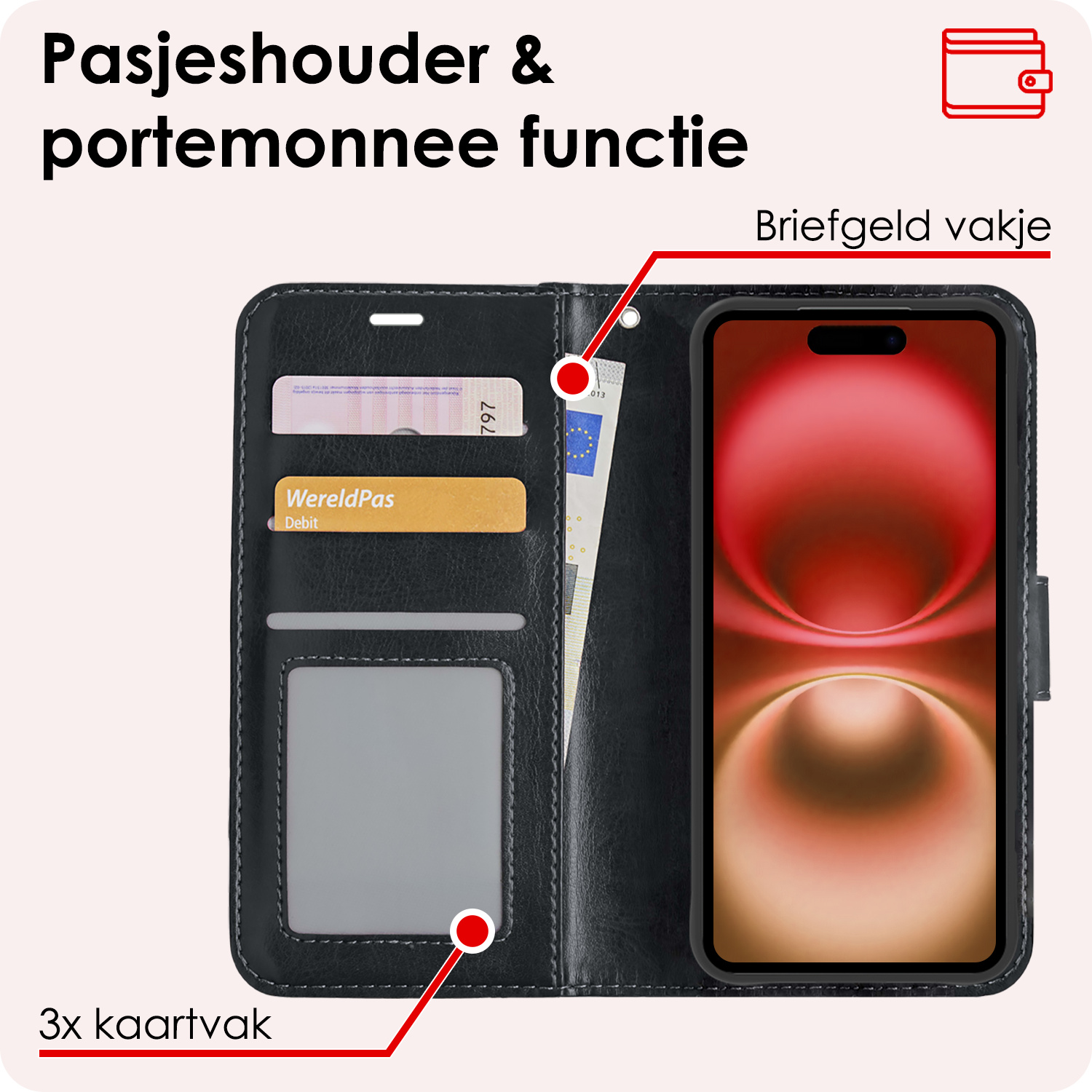 NoXx Hoes Geschikt voor iPhone 16 Hoesje Book Case Hoes Flip Cover Wallet Bookcase Met Screenprotector - Zwart