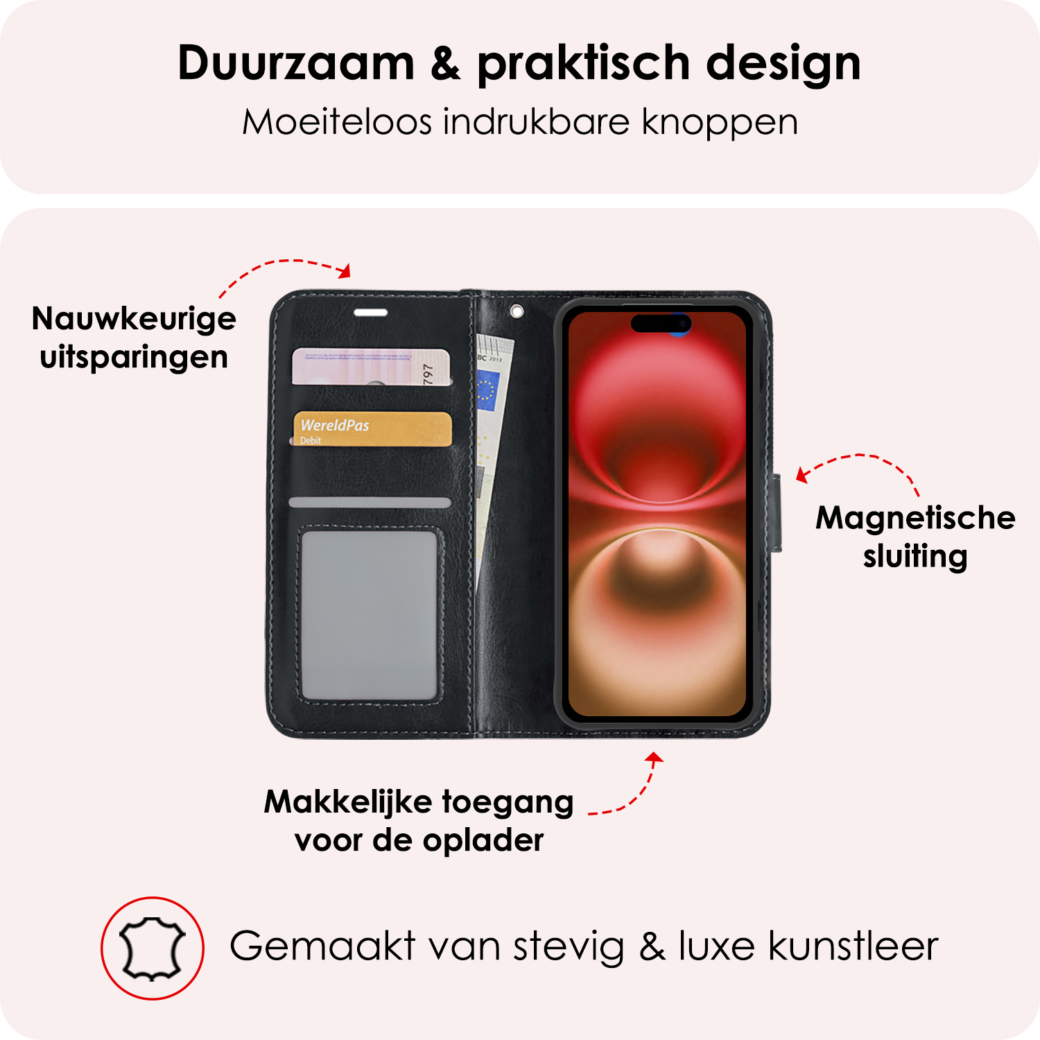 NoXx Hoes Geschikt voor iPhone 16 Hoesje Book Case Hoes Flip Cover Wallet Bookcase Met Screenprotector - Zwart