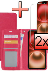 NoXx Hoes Geschikt voor iPhone 16 Hoesje Book Case Hoes Flip Cover Wallet Bookcase Met 2x Screenprotector - Donkerroze
