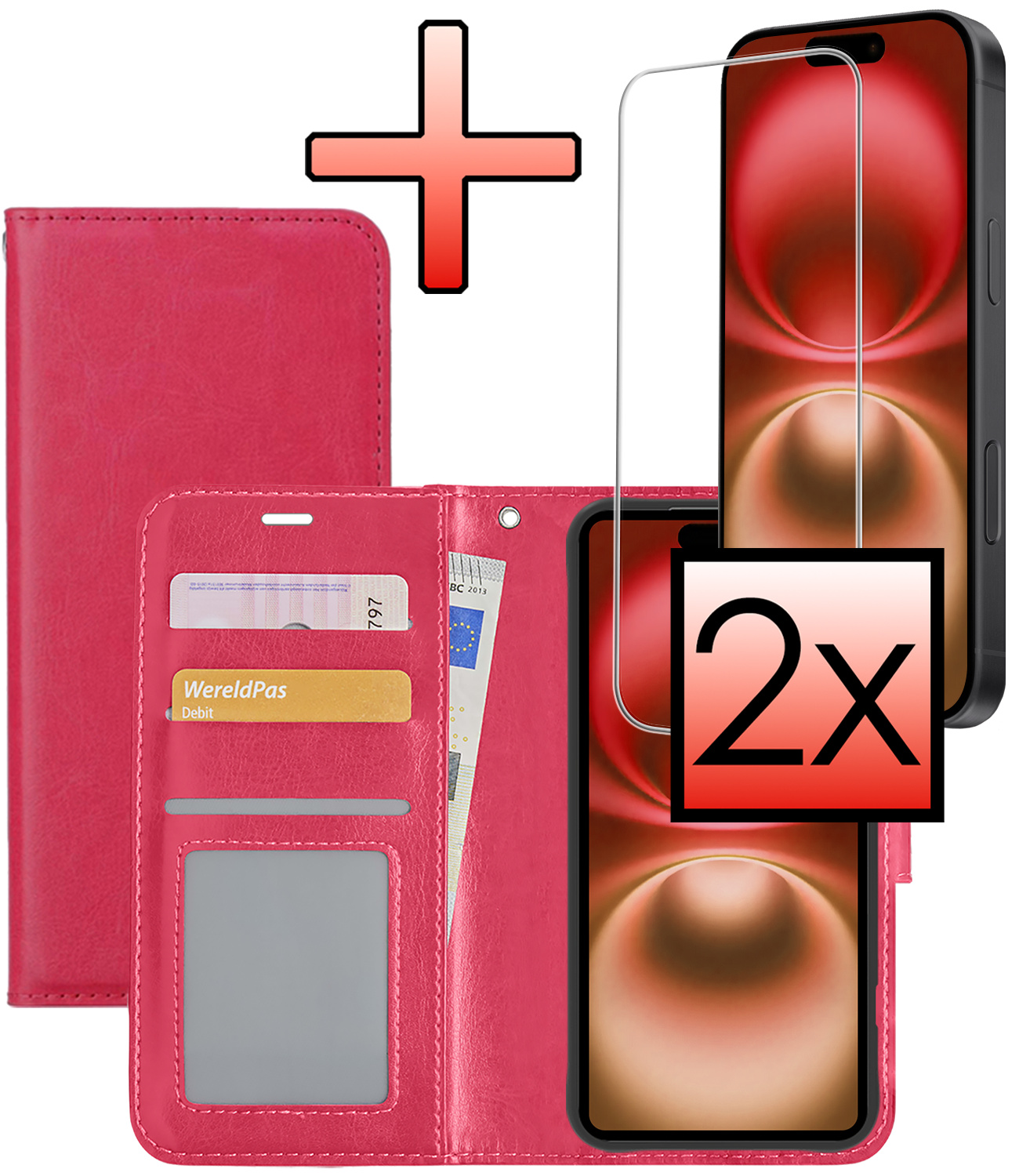 NoXx Hoes Geschikt voor iPhone 16 Hoesje Book Case Hoes Flip Cover Wallet Bookcase Met 2x Screenprotector - Donkerroze