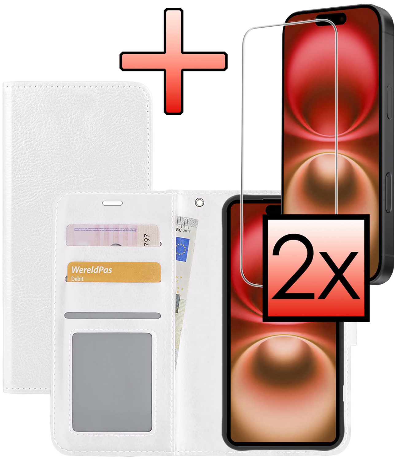 NoXx Hoes Geschikt voor iPhone 16 Hoesje Book Case Hoes Flip Cover Wallet Bookcase Met 2x Screenprotector - Wit