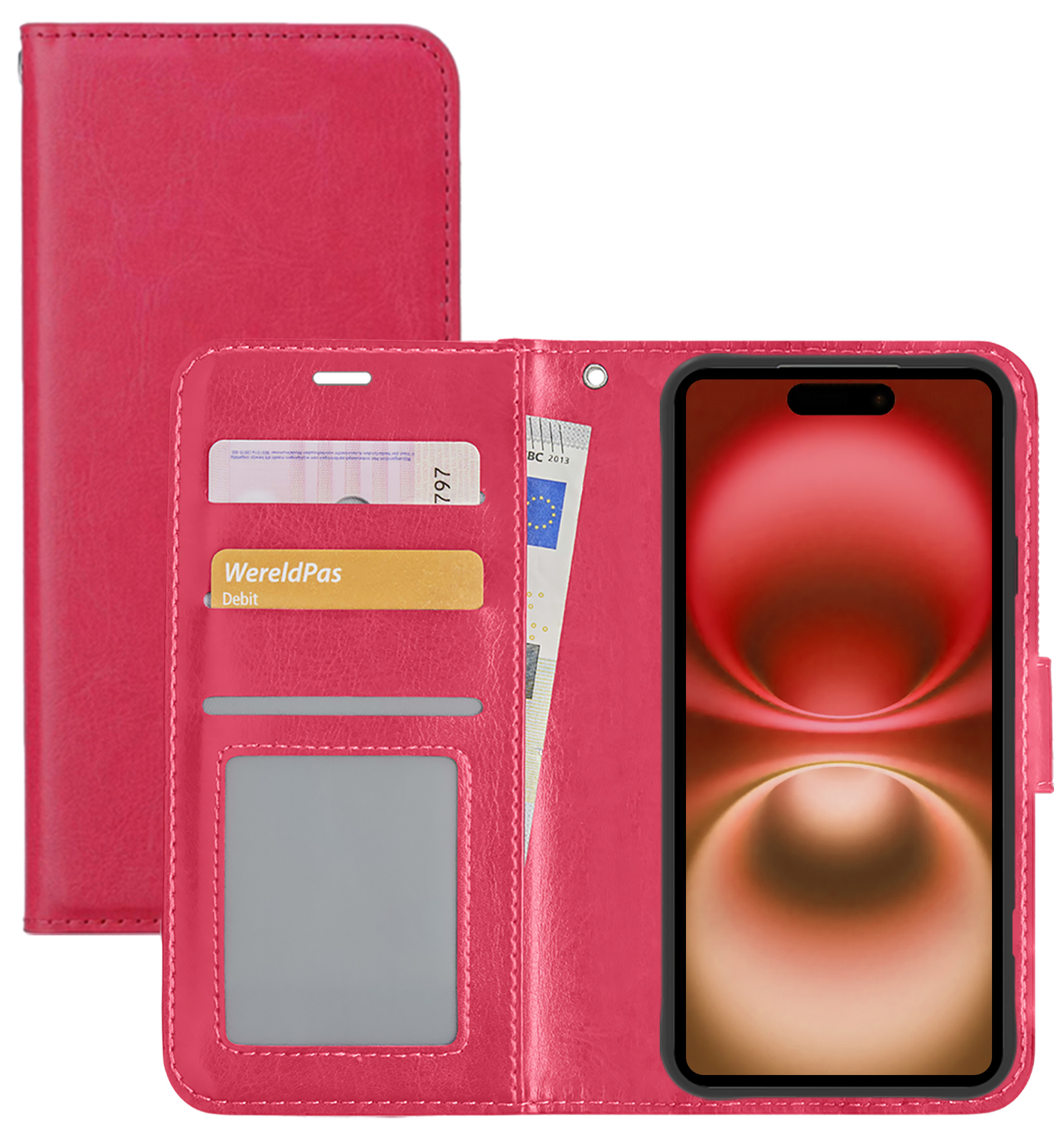 NoXx Hoes Geschikt voor iPhone 16 Plus Hoesje Book Case Hoes Flip Cover Wallet Bookcase - Donkerroze