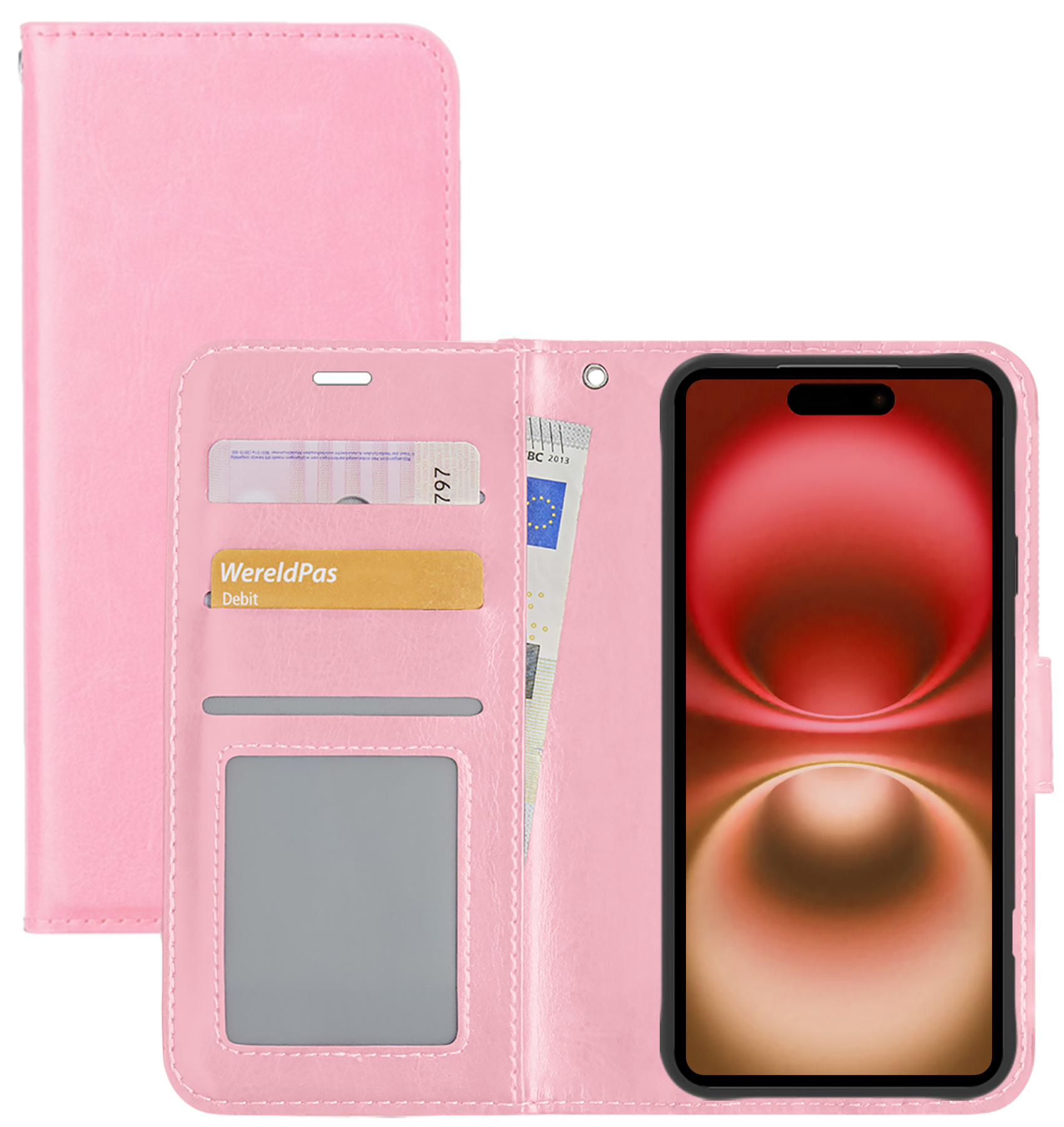 NoXx Hoes Geschikt voor iPhone 16 Plus Hoesje Book Case Hoes Flip Cover Wallet Bookcase - Lichtroze