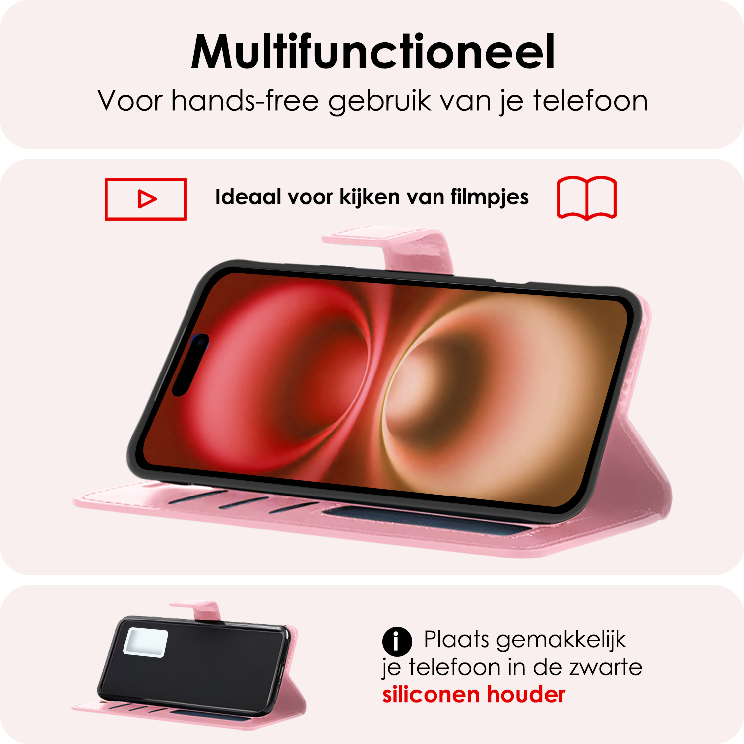 NoXx Hoes Geschikt voor iPhone 16 Plus Hoesje Book Case Hoes Flip Cover Wallet Bookcase - Lichtroze