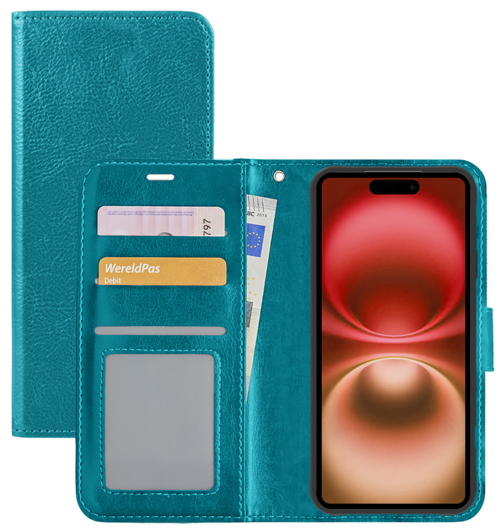 NoXx Hoes Geschikt voor iPhone 16 Plus Hoesje Book Case Hoes Flip Cover Wallet Bookcase - Turquoise
