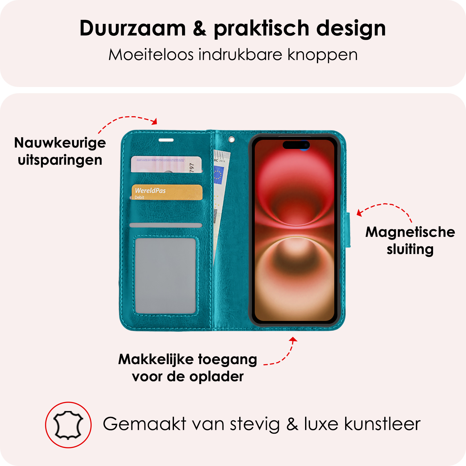 NoXx Hoes Geschikt voor iPhone 16 Plus Hoesje Book Case Hoes Flip Cover Wallet Bookcase - Turquoise