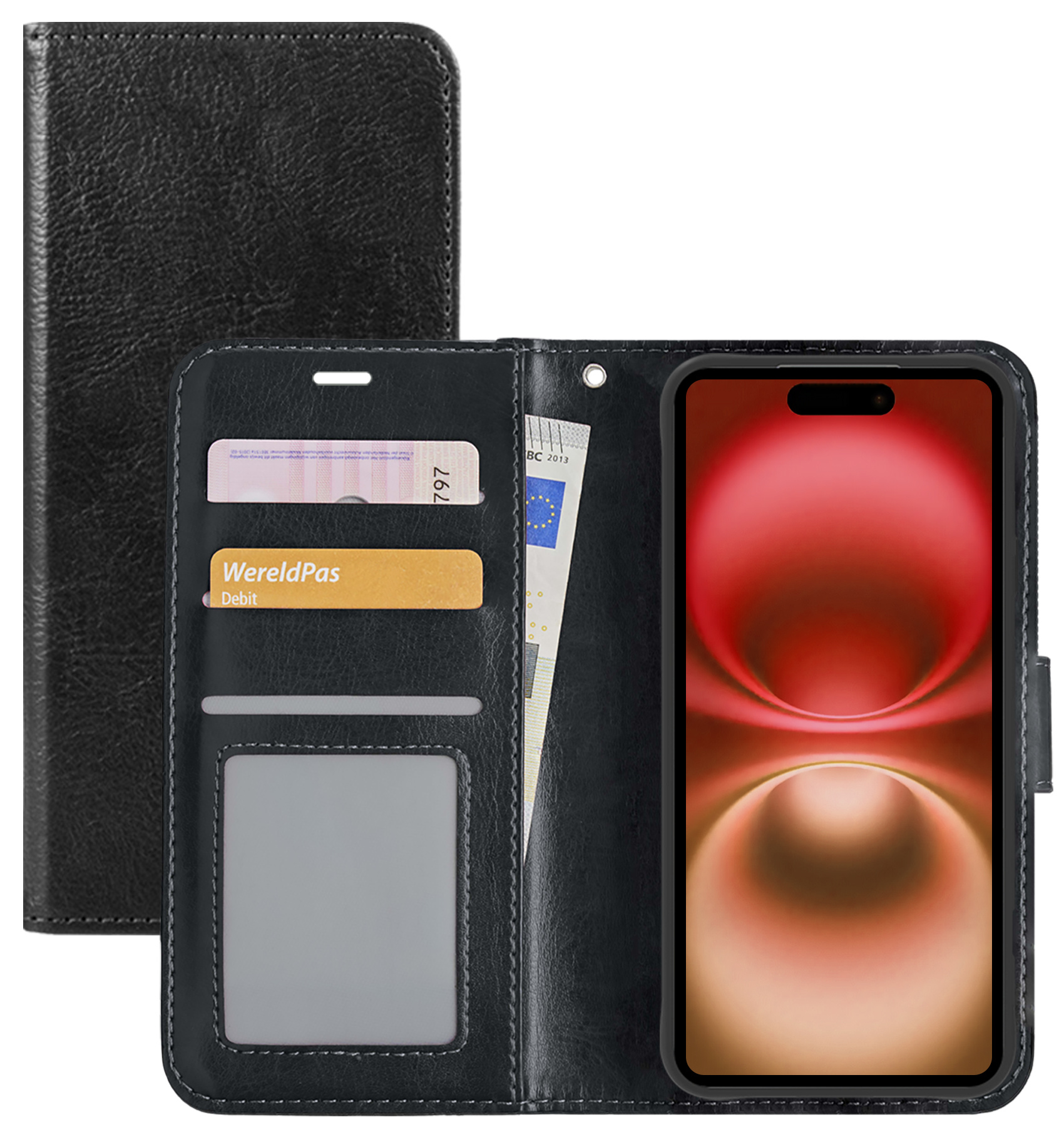 NoXx Hoes Geschikt voor iPhone 16 Plus Hoesje Book Case Hoes Flip Cover Wallet Bookcase - Zwart