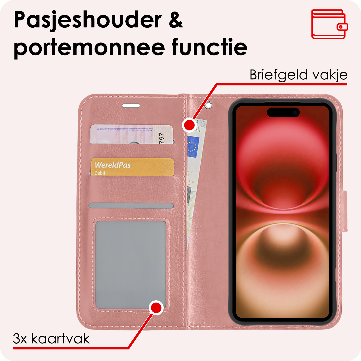 NoXx Hoes Geschikt voor iPhone 16 Plus Hoesje Book Case Hoes Flip Cover Wallet Bookcase Met Screenprotector - Rosé goud