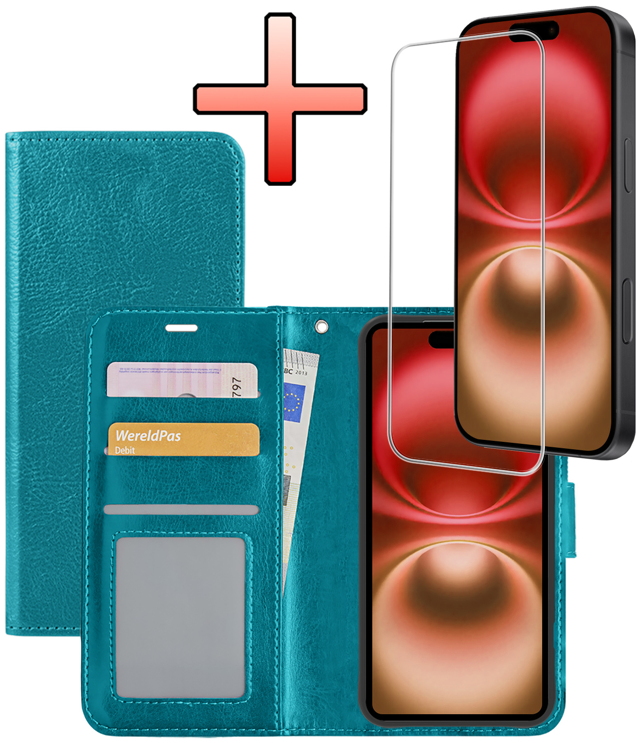 NoXx Hoes Geschikt voor iPhone 16 Plus Hoesje Book Case Hoes Flip Cover Wallet Bookcase Met Screenprotector - Turquoise