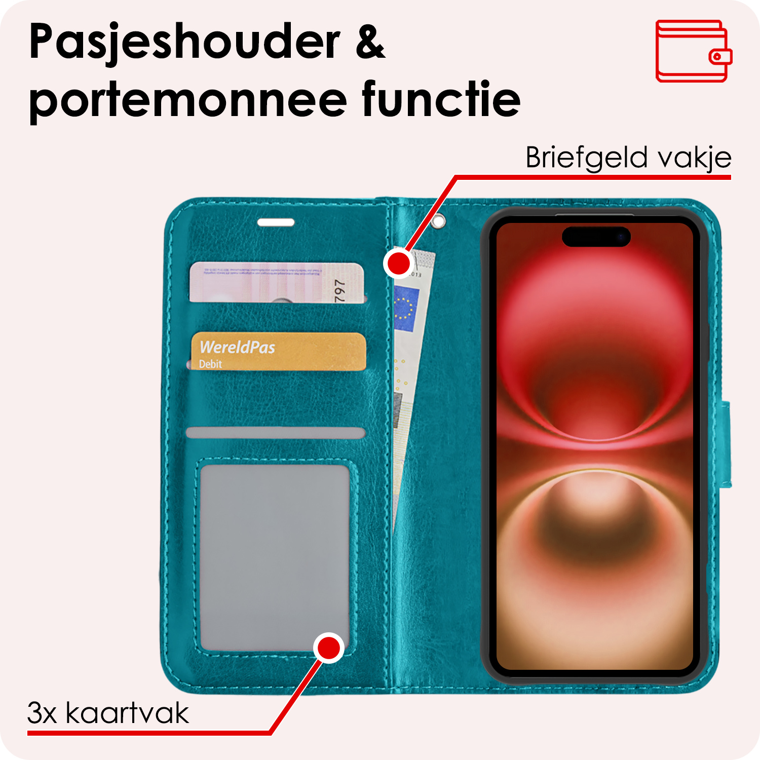 NoXx Hoes Geschikt voor iPhone 16 Plus Hoesje Book Case Hoes Flip Cover Wallet Bookcase Met Screenprotector - Turquoise