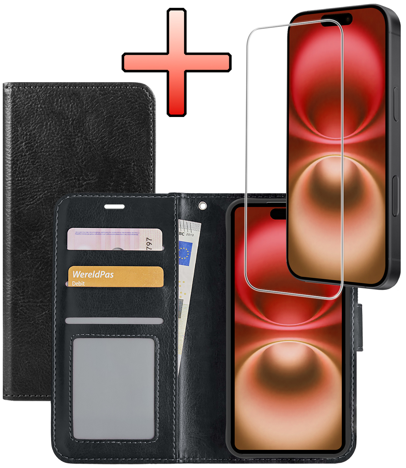 NoXx Hoes Geschikt voor iPhone 16 Plus Hoesje Book Case Hoes Flip Cover Wallet Bookcase Met Screenprotector - Zwart