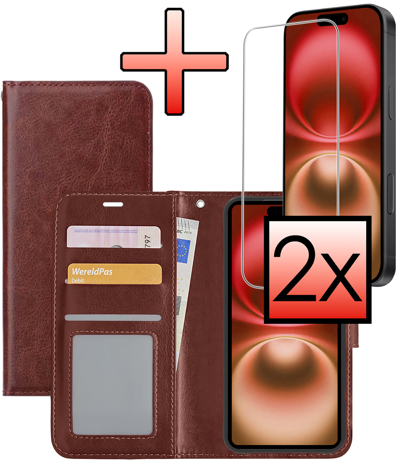 NoXx Hoes Geschikt voor iPhone 16 Plus Hoesje Book Case Hoes Flip Cover Wallet Bookcase Met 2x Screenprotector - Bruin
