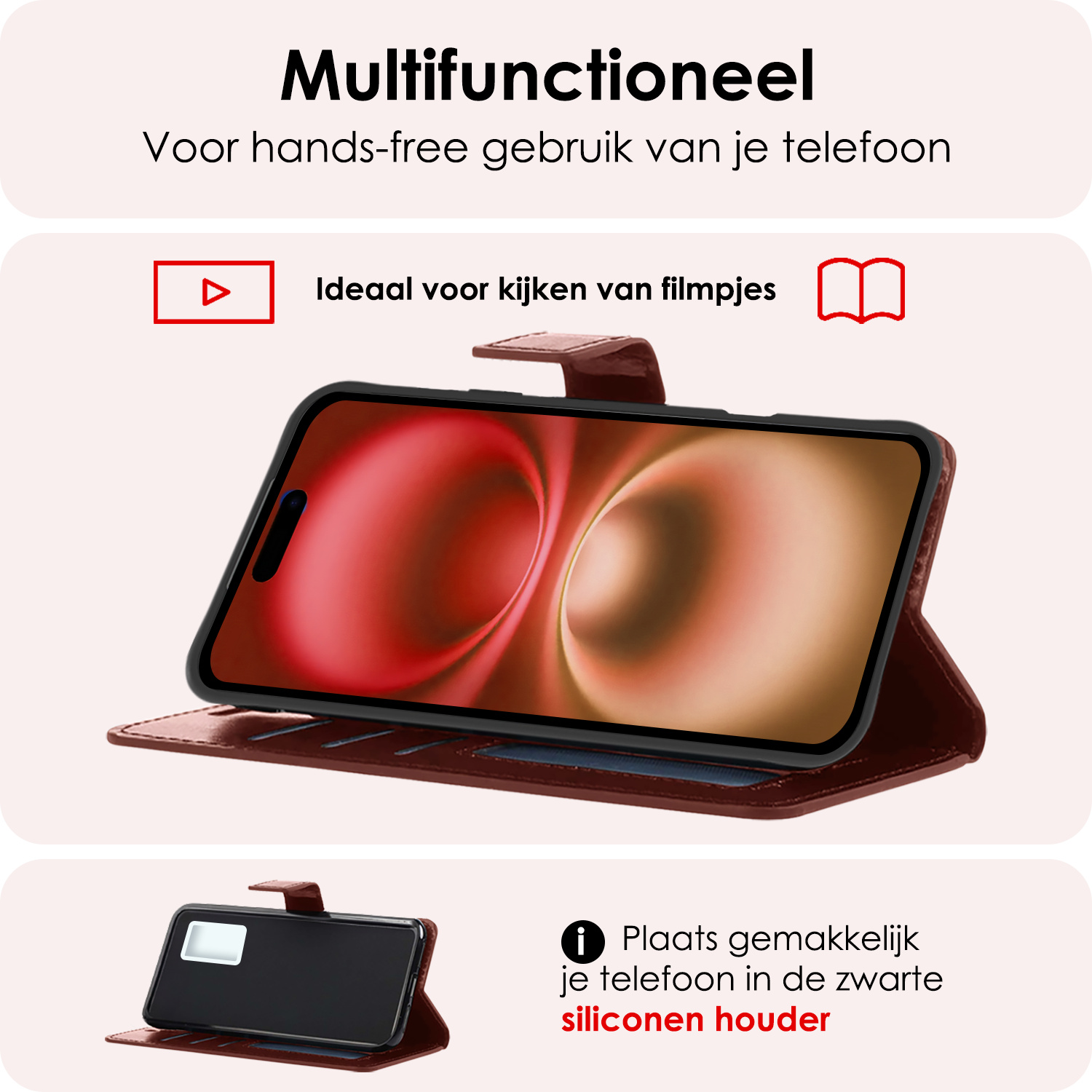 NoXx Hoes Geschikt voor iPhone 16 Plus Hoesje Book Case Hoes Flip Cover Wallet Bookcase Met 2x Screenprotector - Bruin