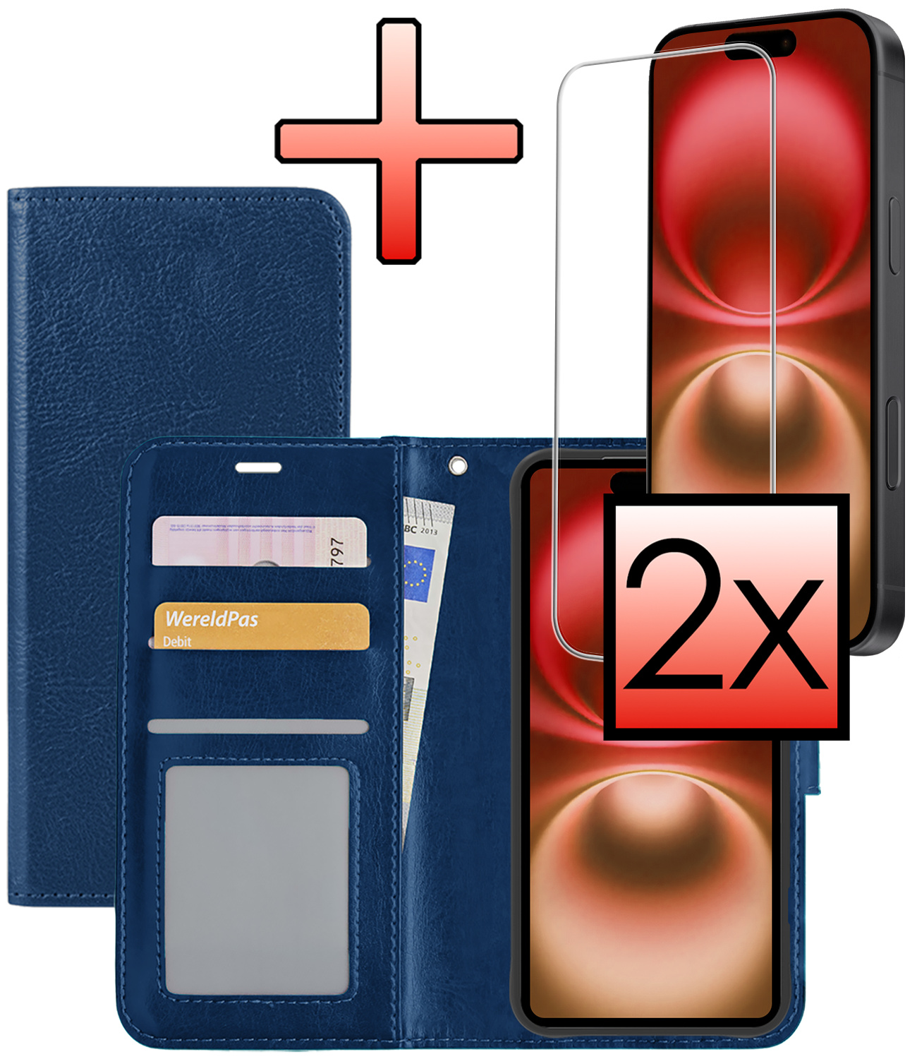NoXx Hoes Geschikt voor iPhone 16 Plus Hoesje Book Case Hoes Flip Cover Wallet Bookcase Met 2x Screenprotector - Donkerblauw