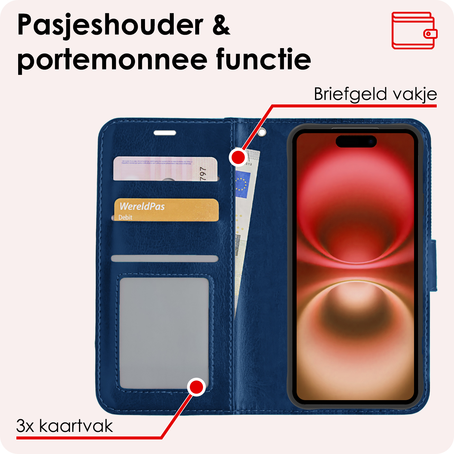 NoXx Hoes Geschikt voor iPhone 16 Plus Hoesje Book Case Hoes Flip Cover Wallet Bookcase Met 2x Screenprotector - Donkerblauw
