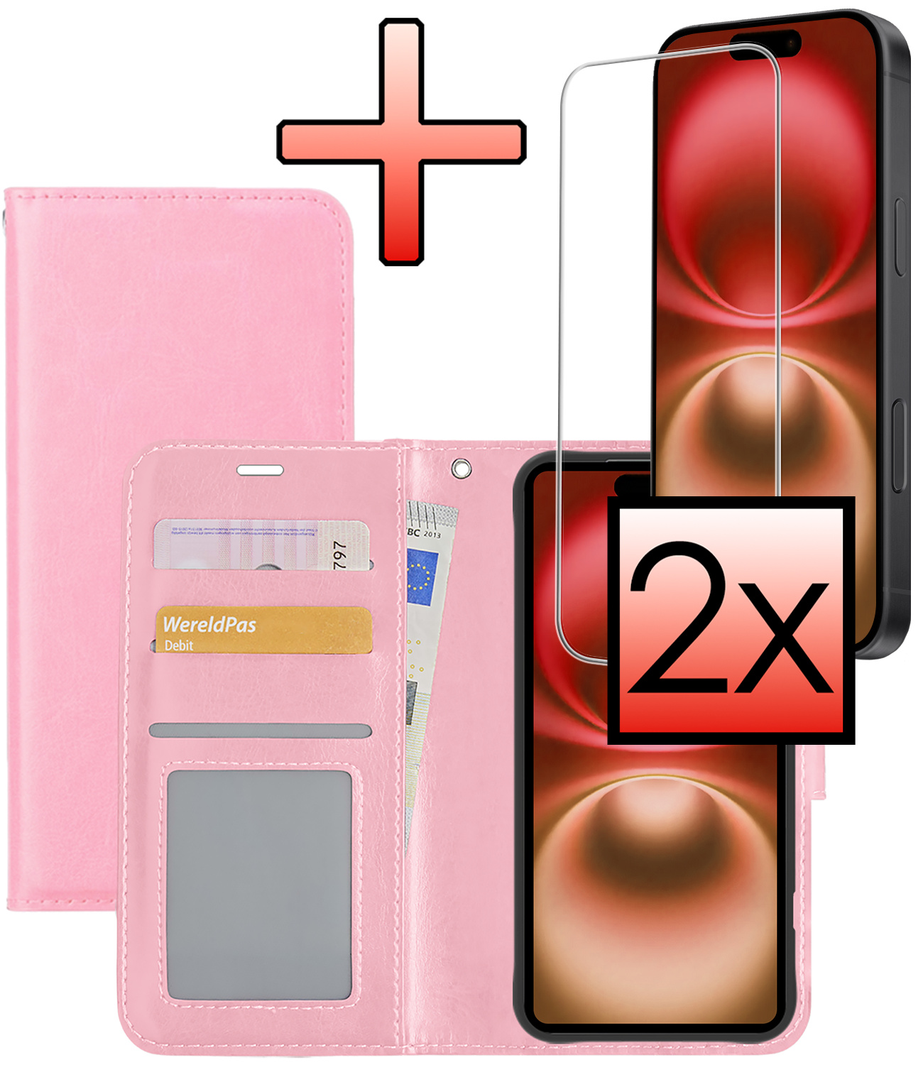 NoXx Hoes Geschikt voor iPhone 16 Plus Hoesje Book Case Hoes Flip Cover Wallet Bookcase Met 2x Screenprotector - Lichtroze